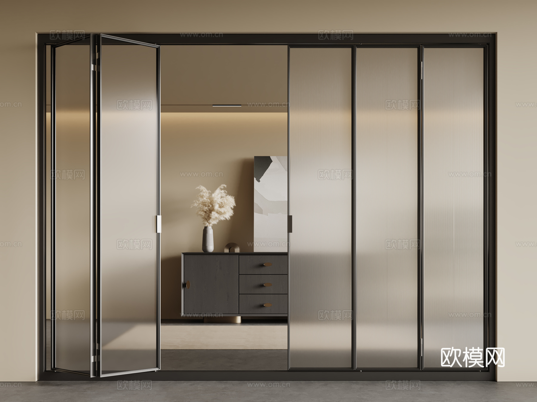 现代玻璃推拉门 长虹玻璃门 玻璃移门 折叠门su模型