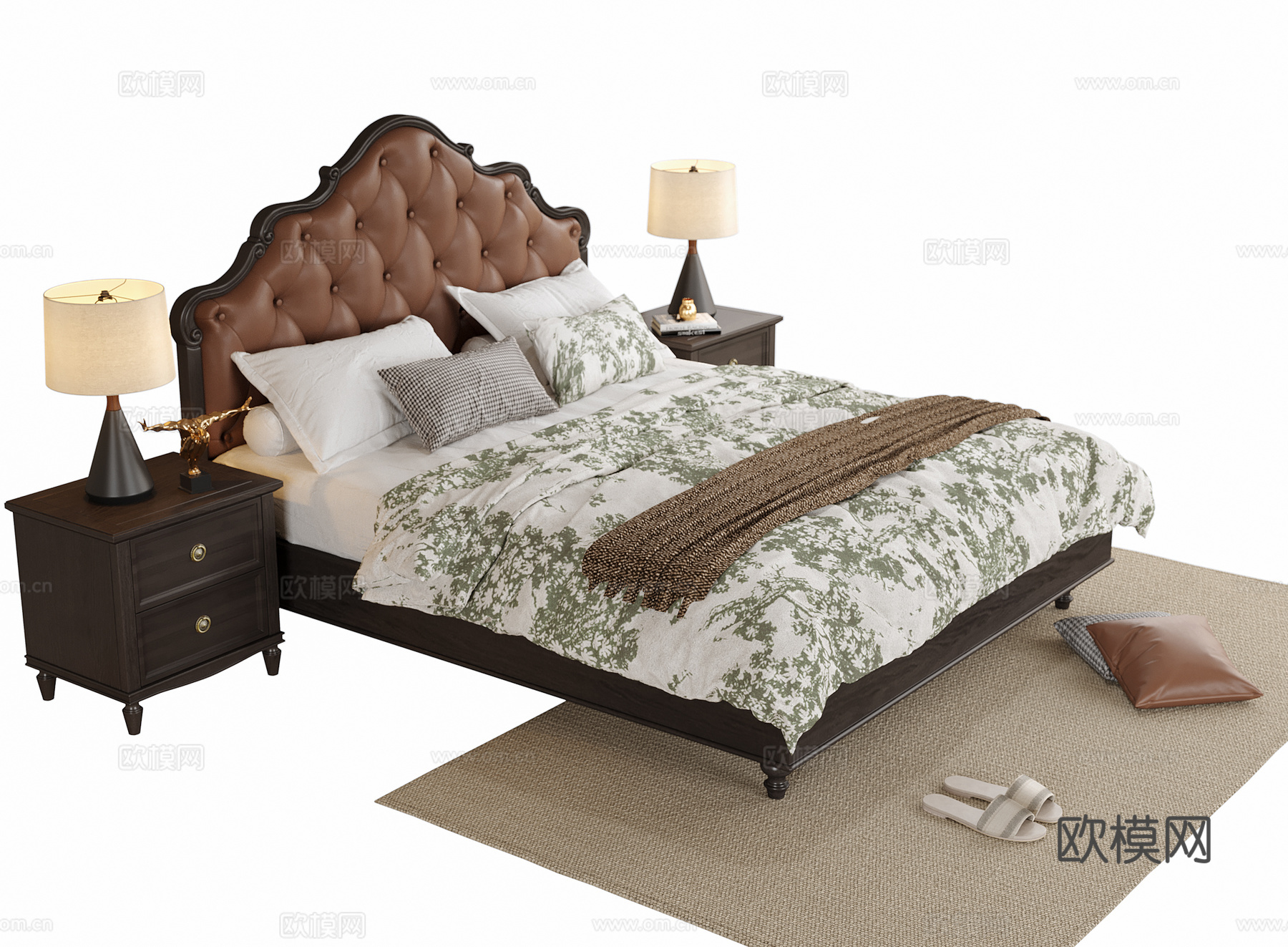 美式双人床 床头柜 地毯su模型