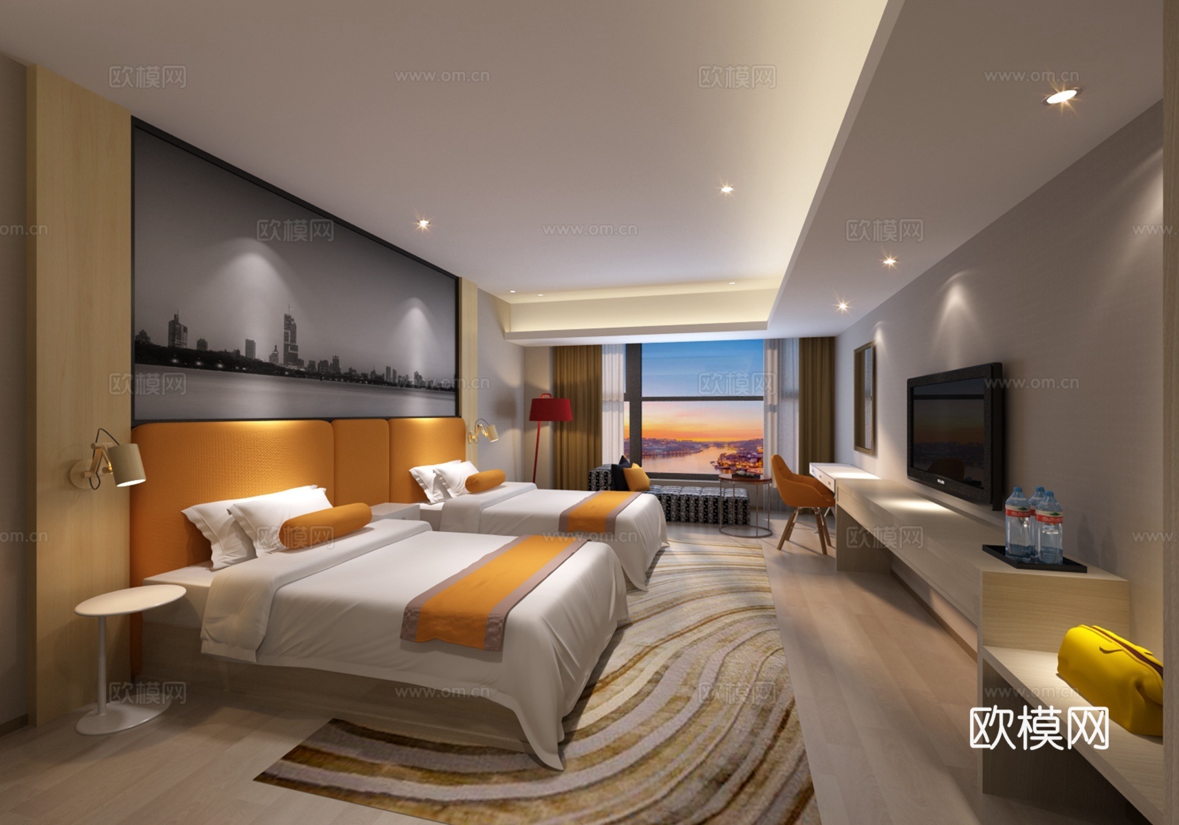 现代最新现代酒店客房 床 电视柜 床头柜 落地灯 装饰画3d模型