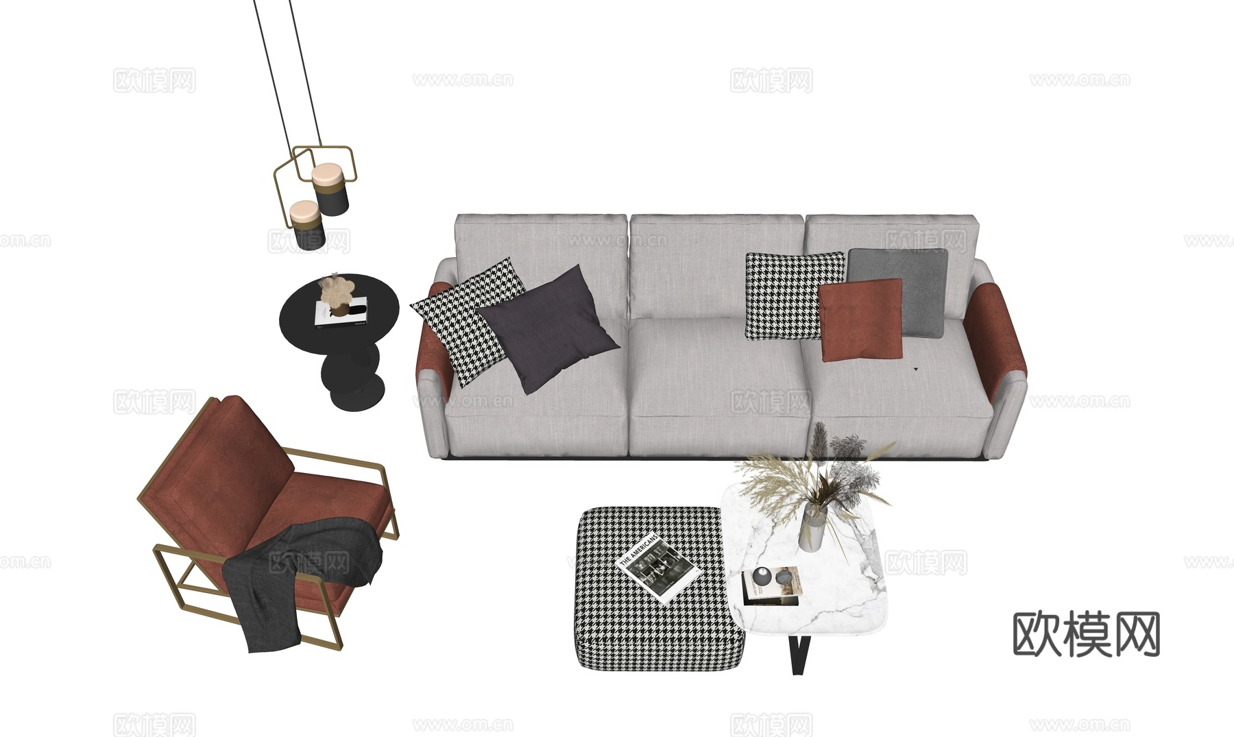 现代客厅 沙发茶几组合 装饰画 摆件su模型