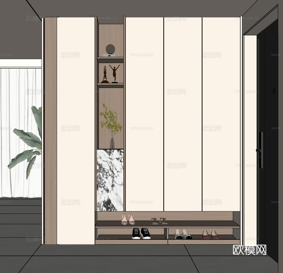 现代入户鞋柜 原木风入户鞋柜  玄关鞋柜 鞋柜装饰柜su模型