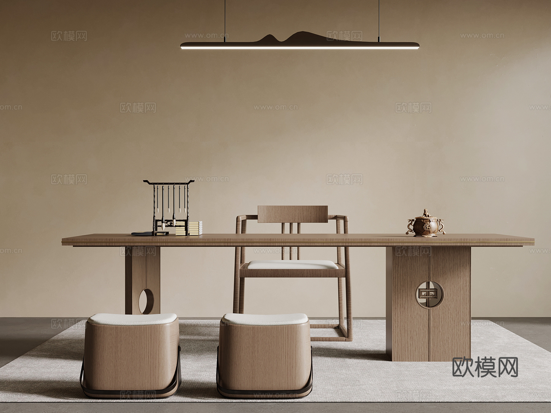 新中式茶台 茶桌椅su模型
