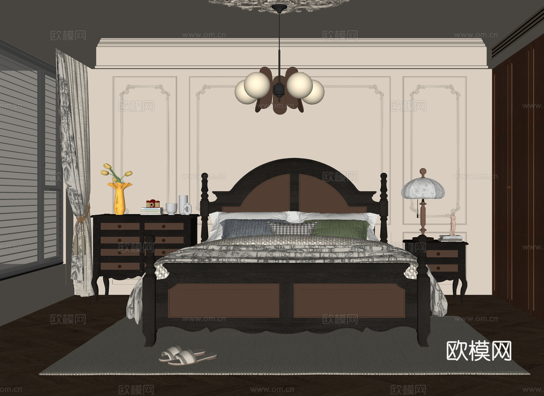 美式卧室 双人床 床头柜su模型