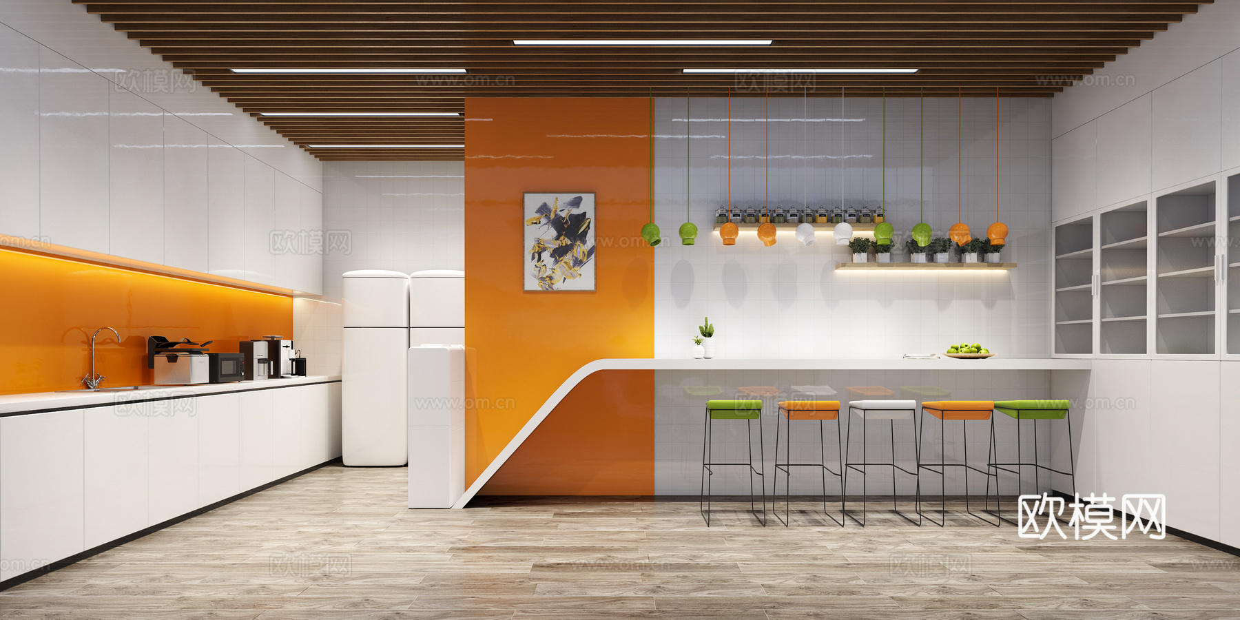 现代公司现代茶水间 吧椅 厨房用品 吊灯 冰箱 挂画 厨3d模型下载