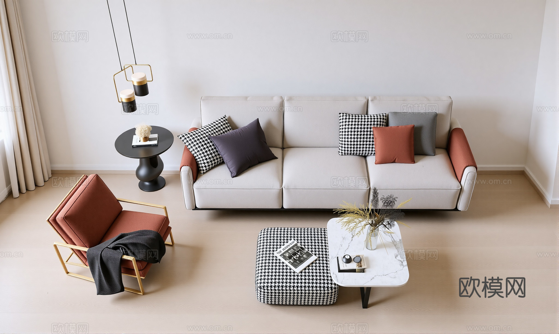 现代客厅 沙发茶几组合 装饰画 摆件su模型