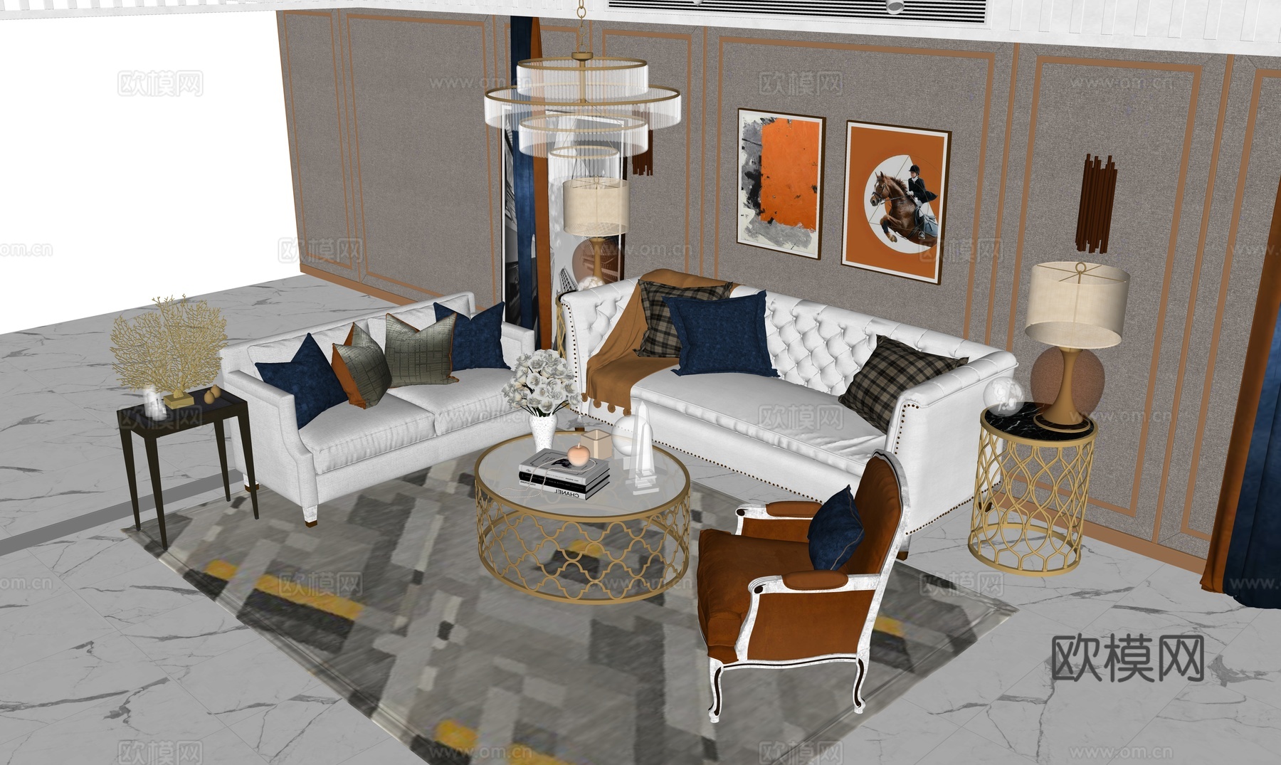 简欧轻奢沙发组合 沙发 茶几 休闲椅 吊灯 装饰画 客厅su模型