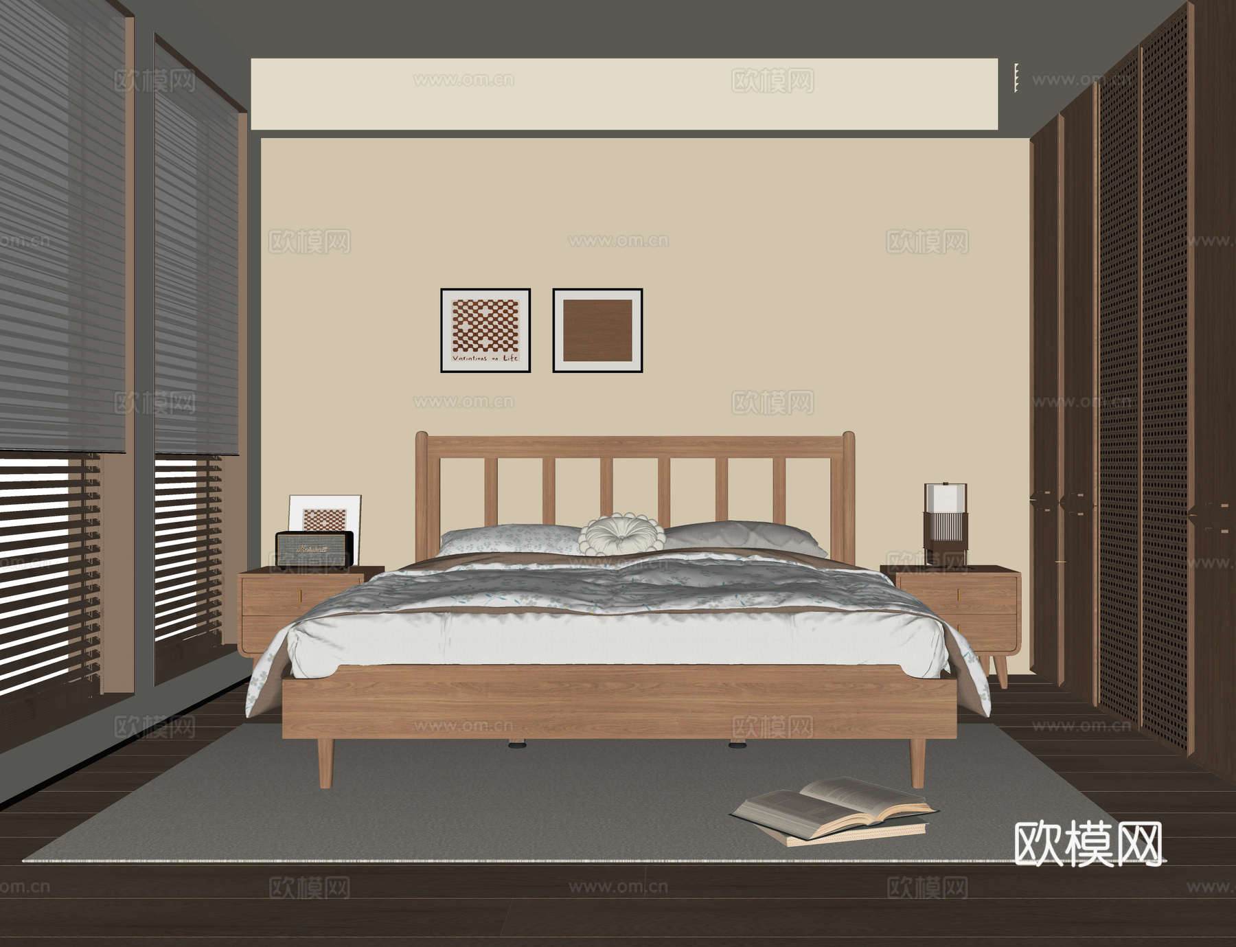 日式卧室 双人床su模型