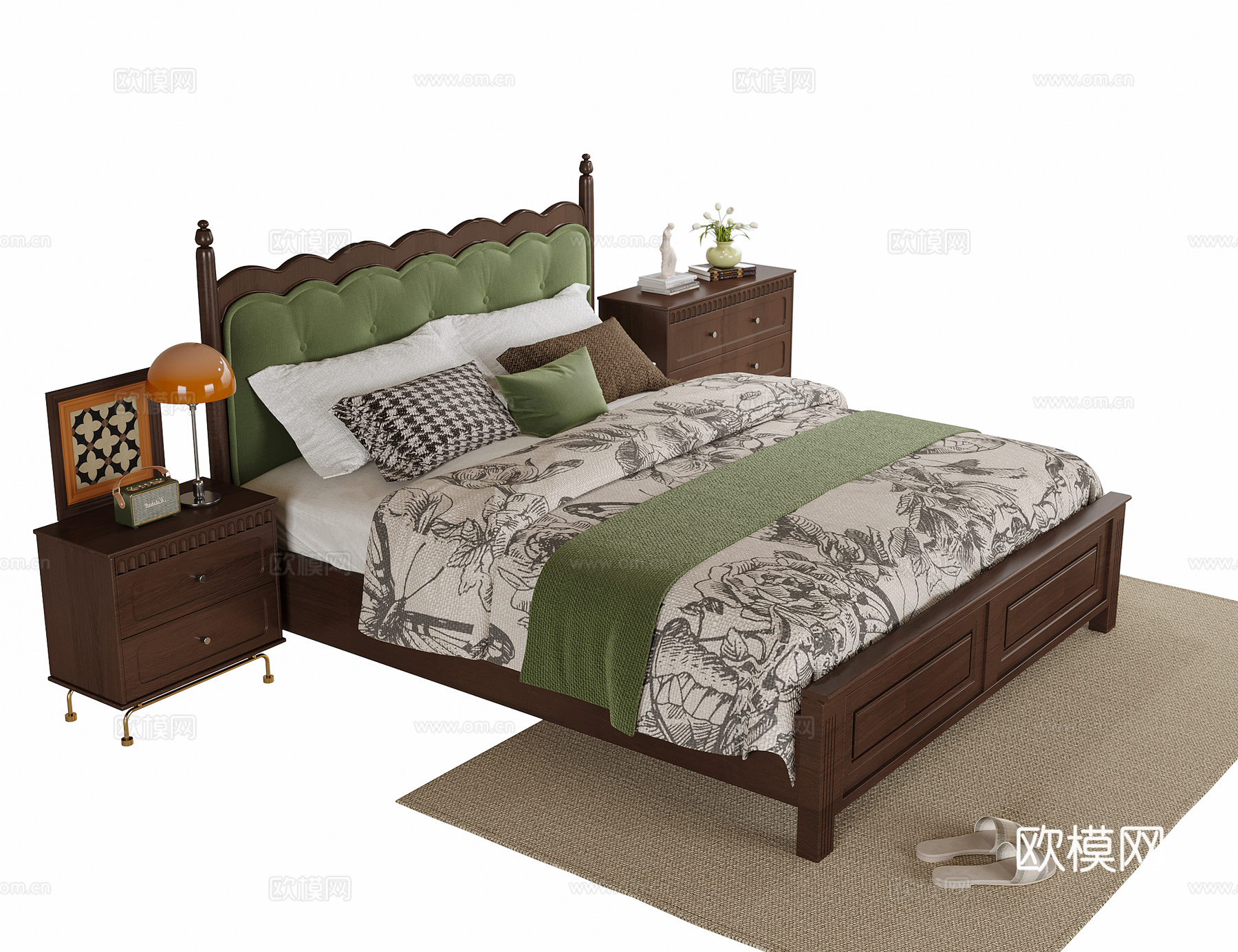 美式双人床 床头柜su模型