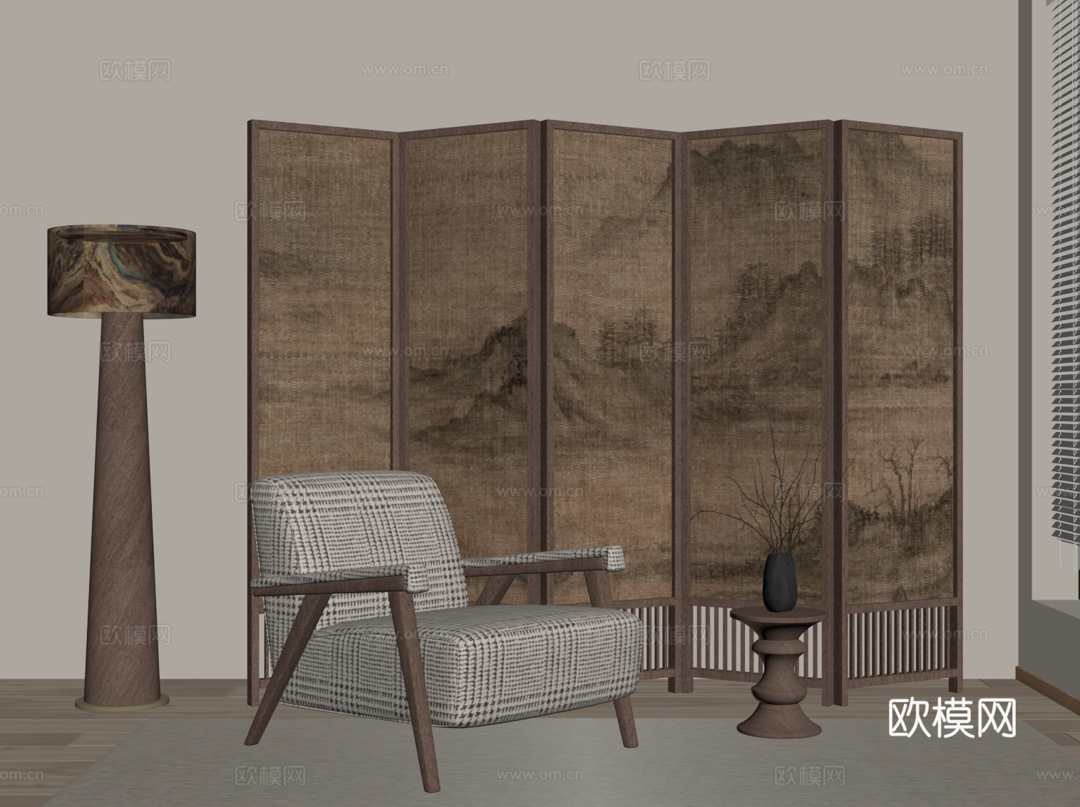 中古风屏风隔断 休闲椅 边几 落地灯su模型
