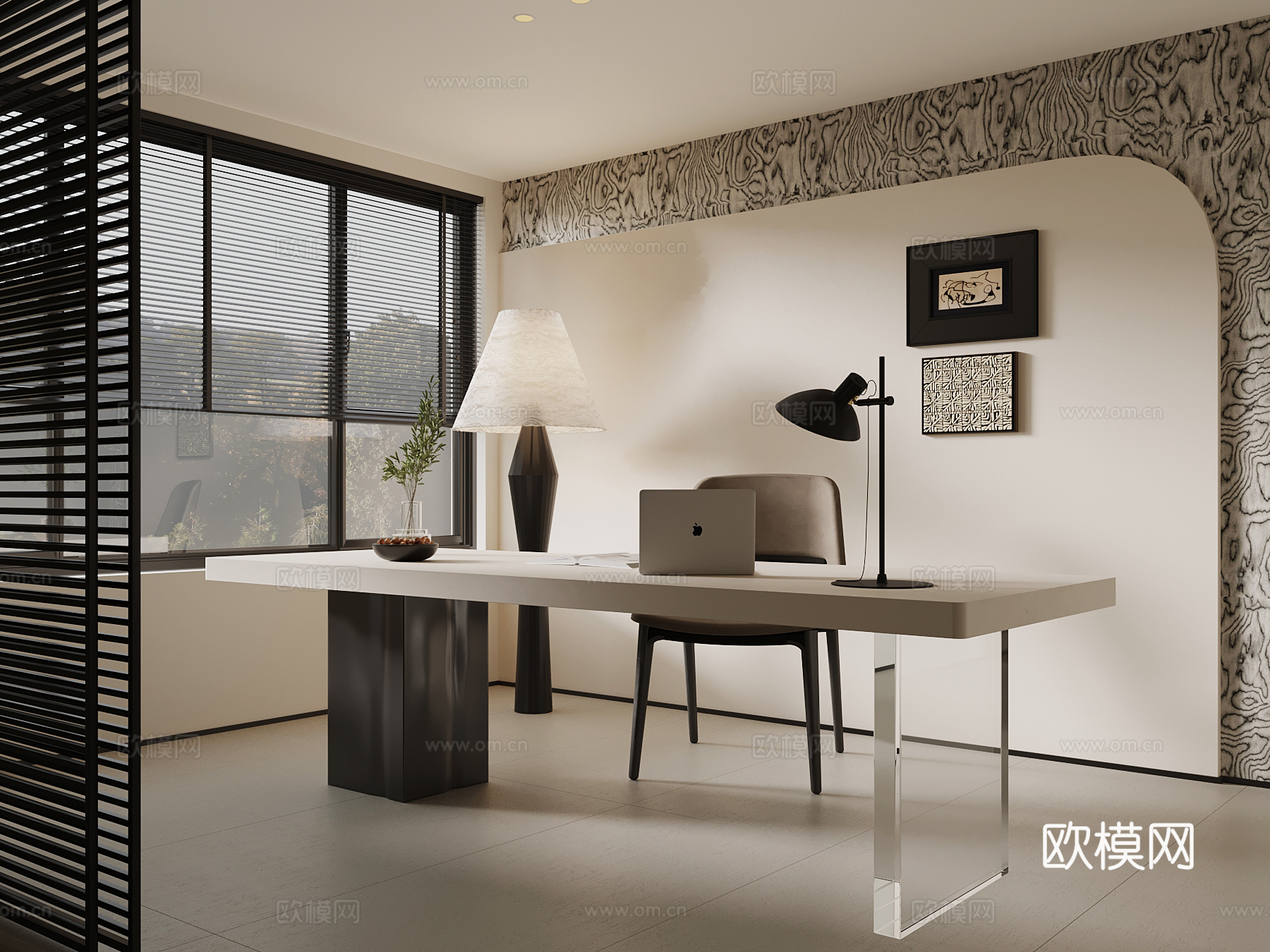 现代意式书房 极简书桌椅su模型