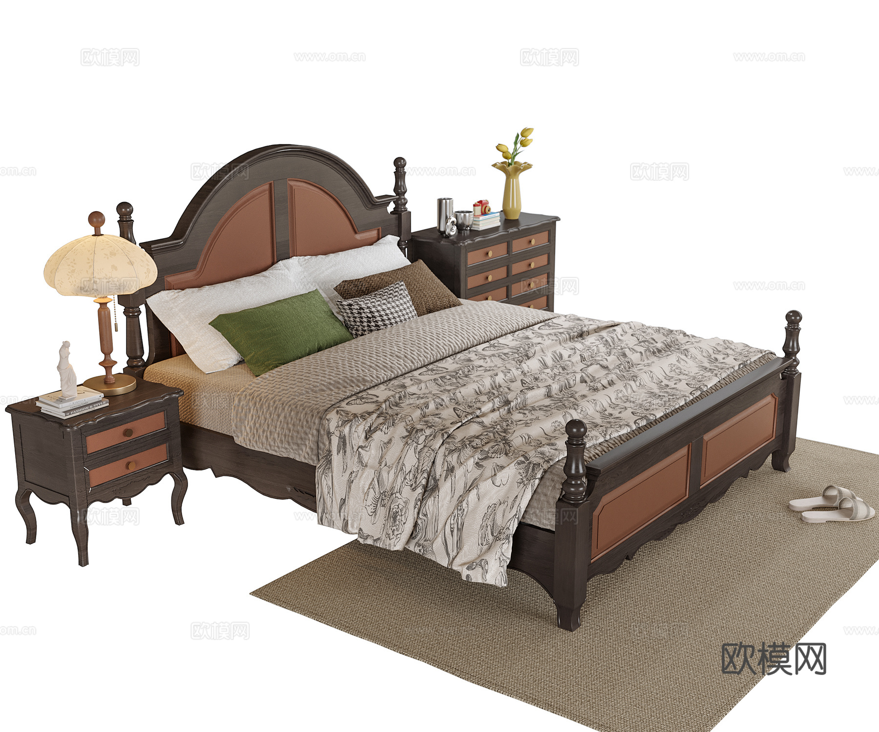 美式双人床 床头柜 地毯3d模型下载