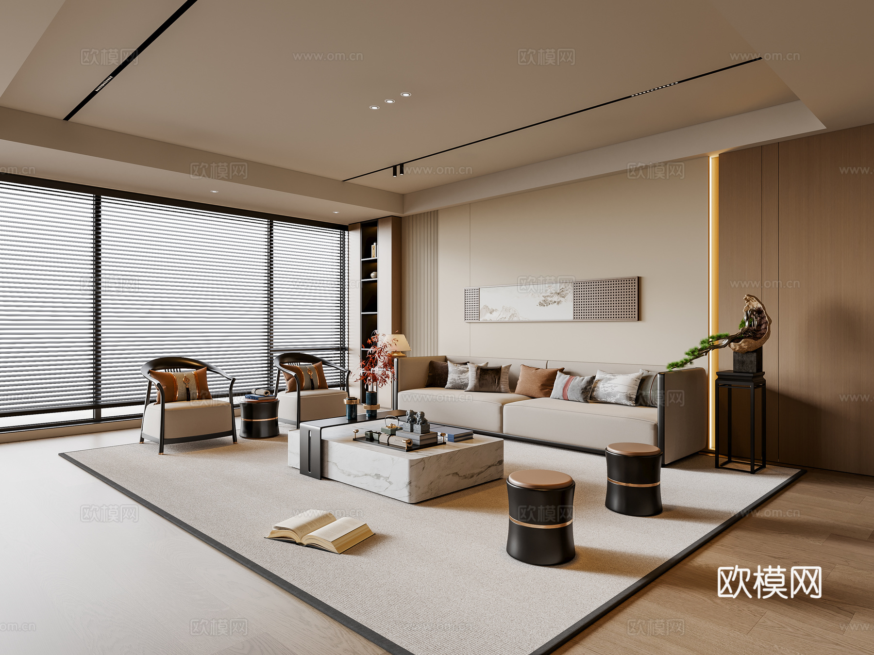 新中式宋式风客厅 沙发茶几 多人沙发 休闲椅 装饰画 地毯su模型