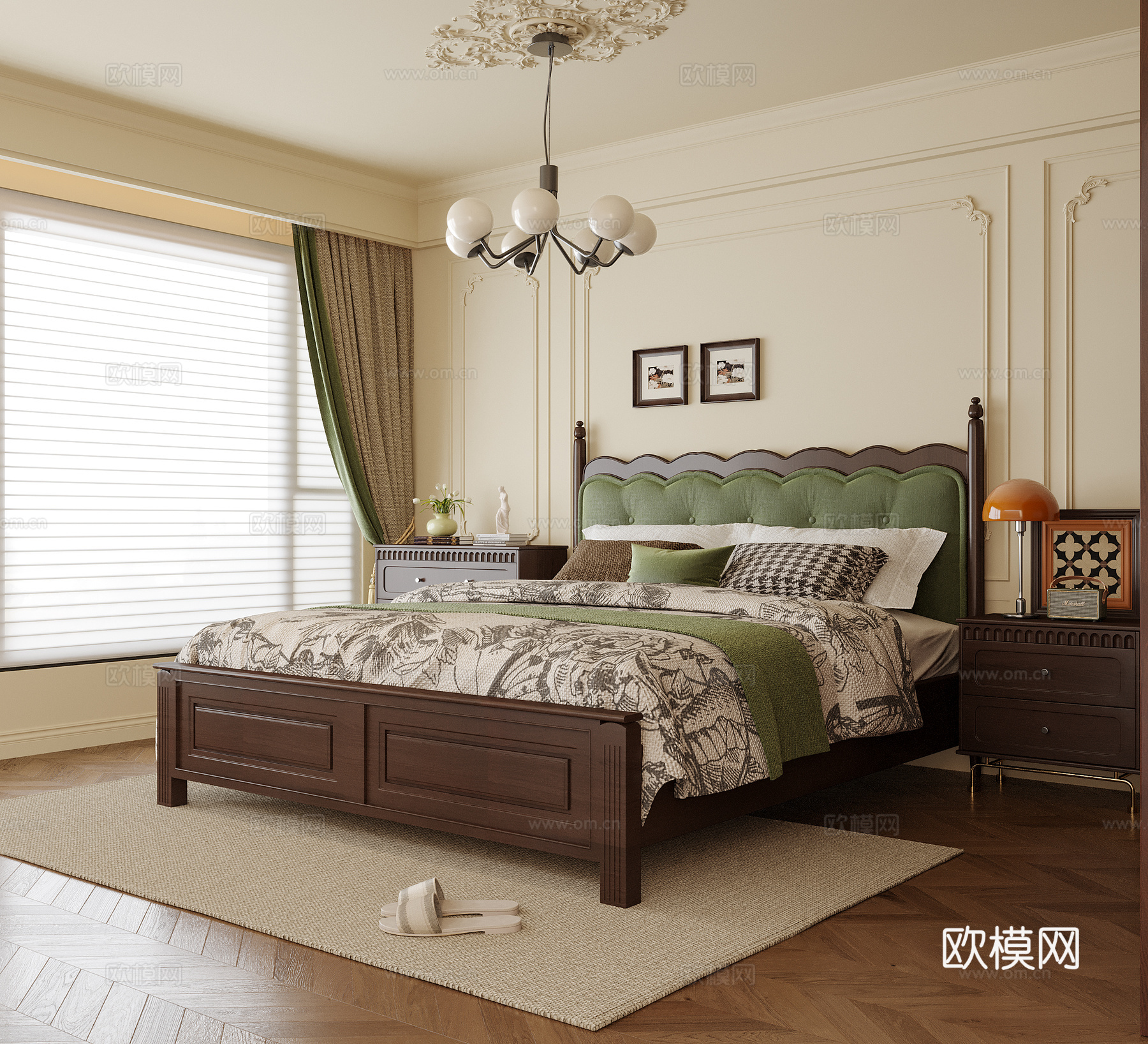 美式卧室 双人床su模型