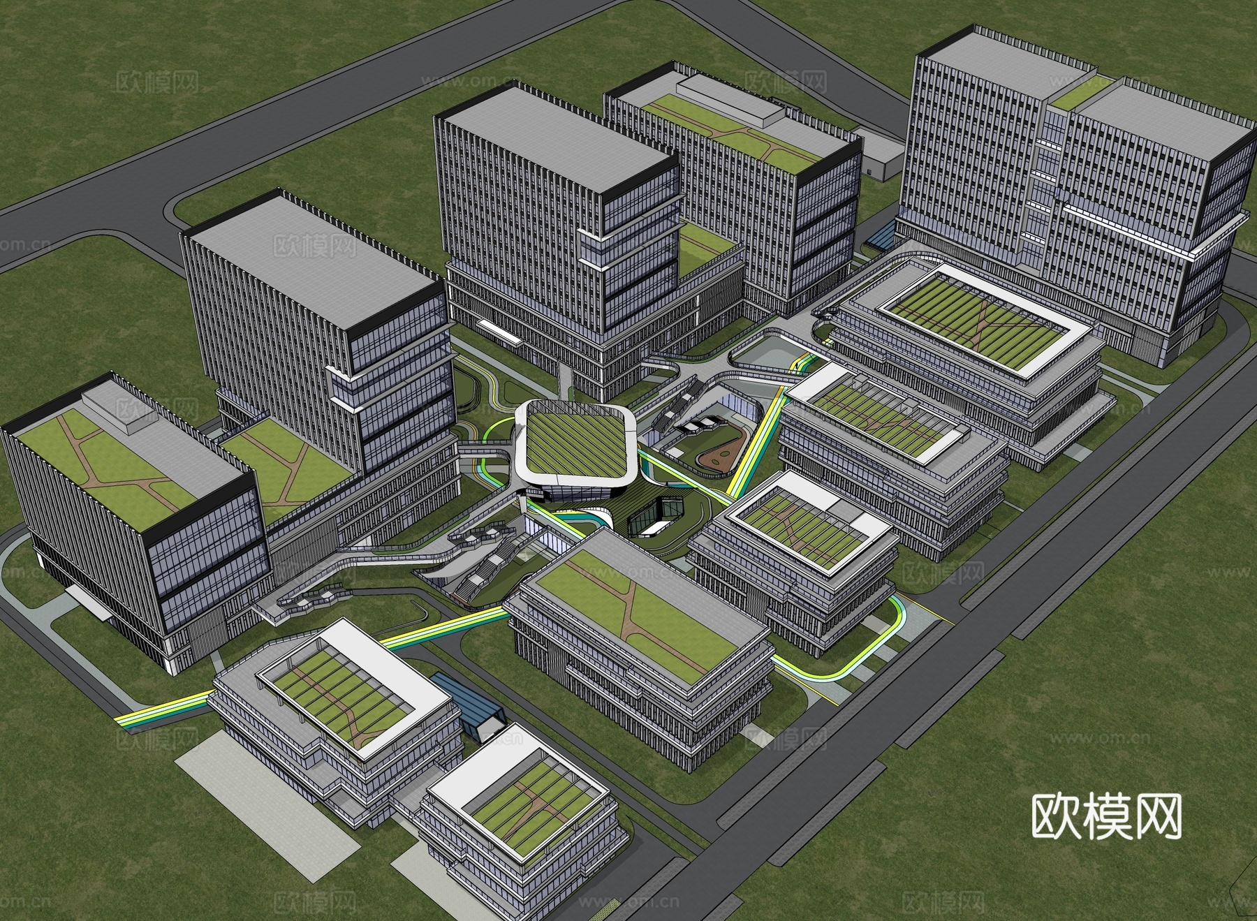 现代风格产业园 方形 空中绿化su模型