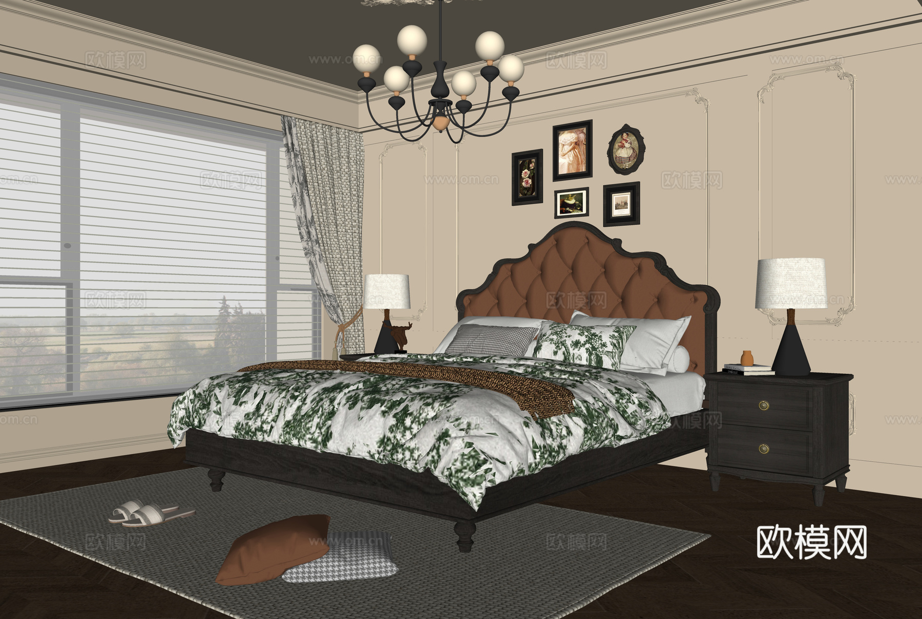 美式卧室 双人床 床头柜su模型