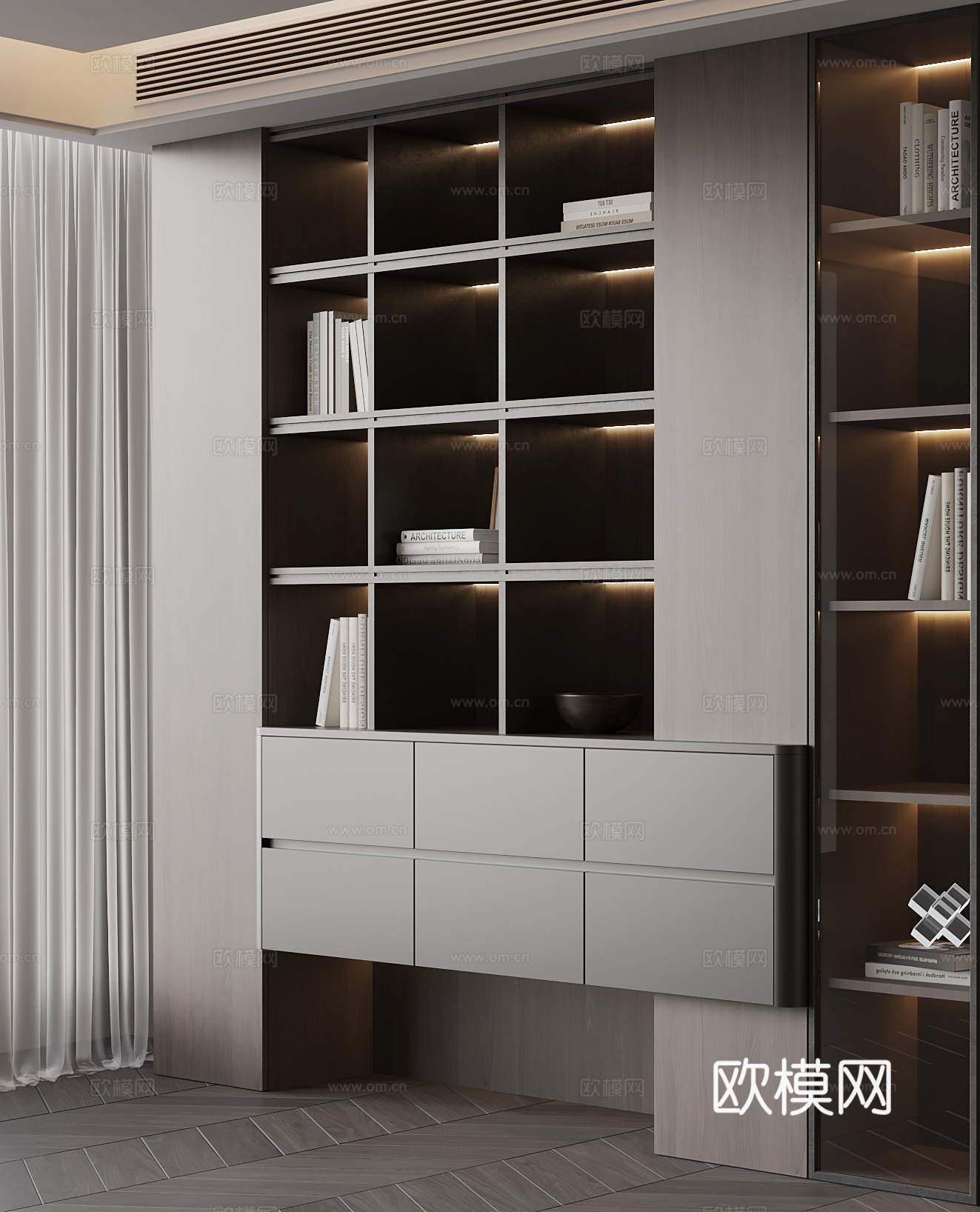现代意式书柜 置物柜 装饰柜su模型