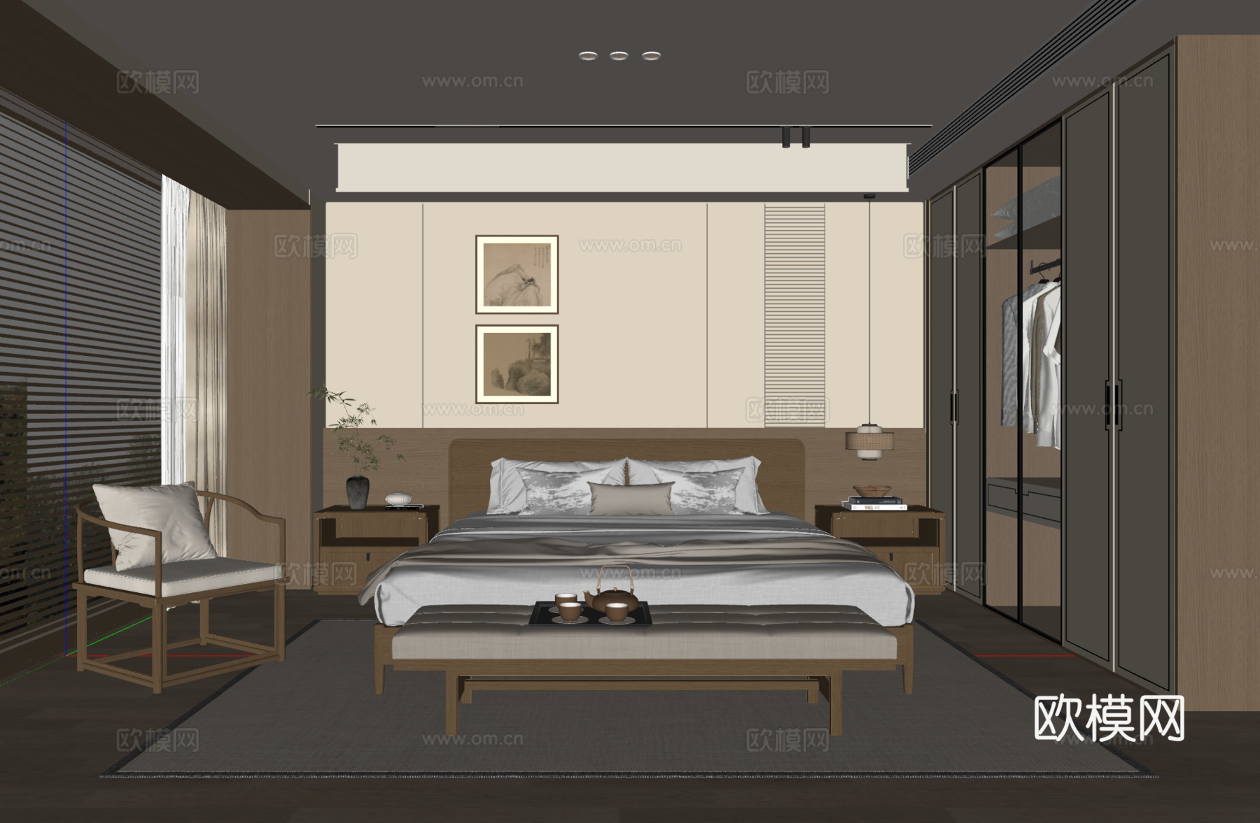 新中式卧室 布艺双人床 床头柜 吊灯 挂画 休闲椅 地毯su模型