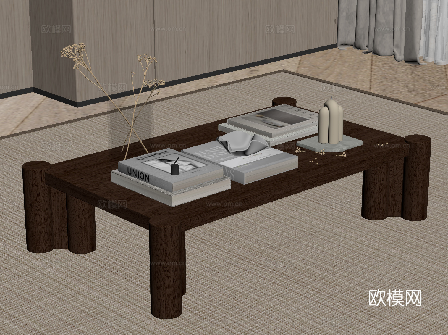 新中式茶几 侘寂中古茶几su模型