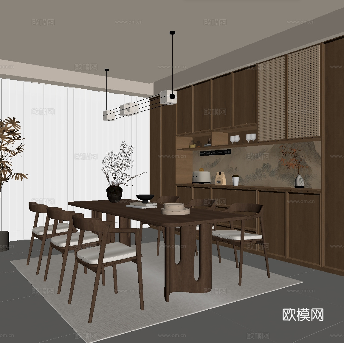 新中式餐厅 餐边柜 餐桌椅 吊灯su模型