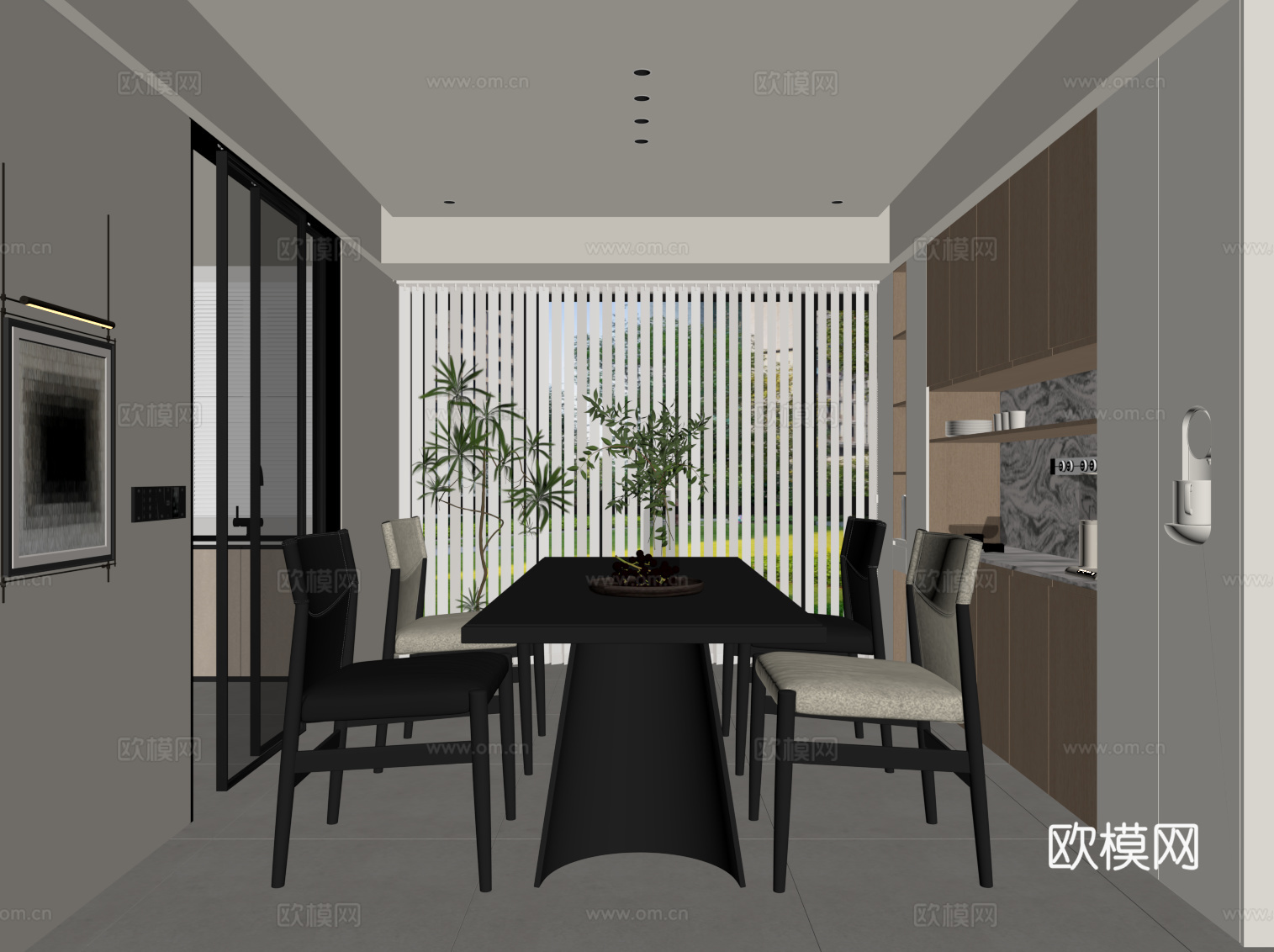 现代餐厅 餐桌椅 餐边柜su模型