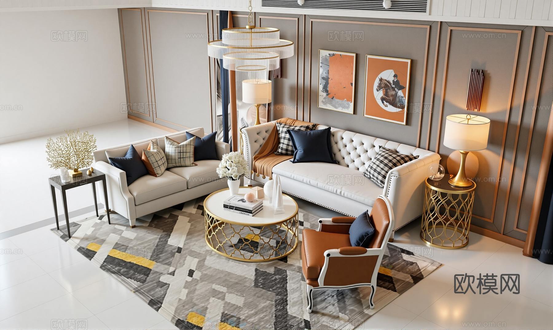 简欧轻奢沙发组合 沙发 茶几 休闲椅 吊灯 装饰画 客厅su模型