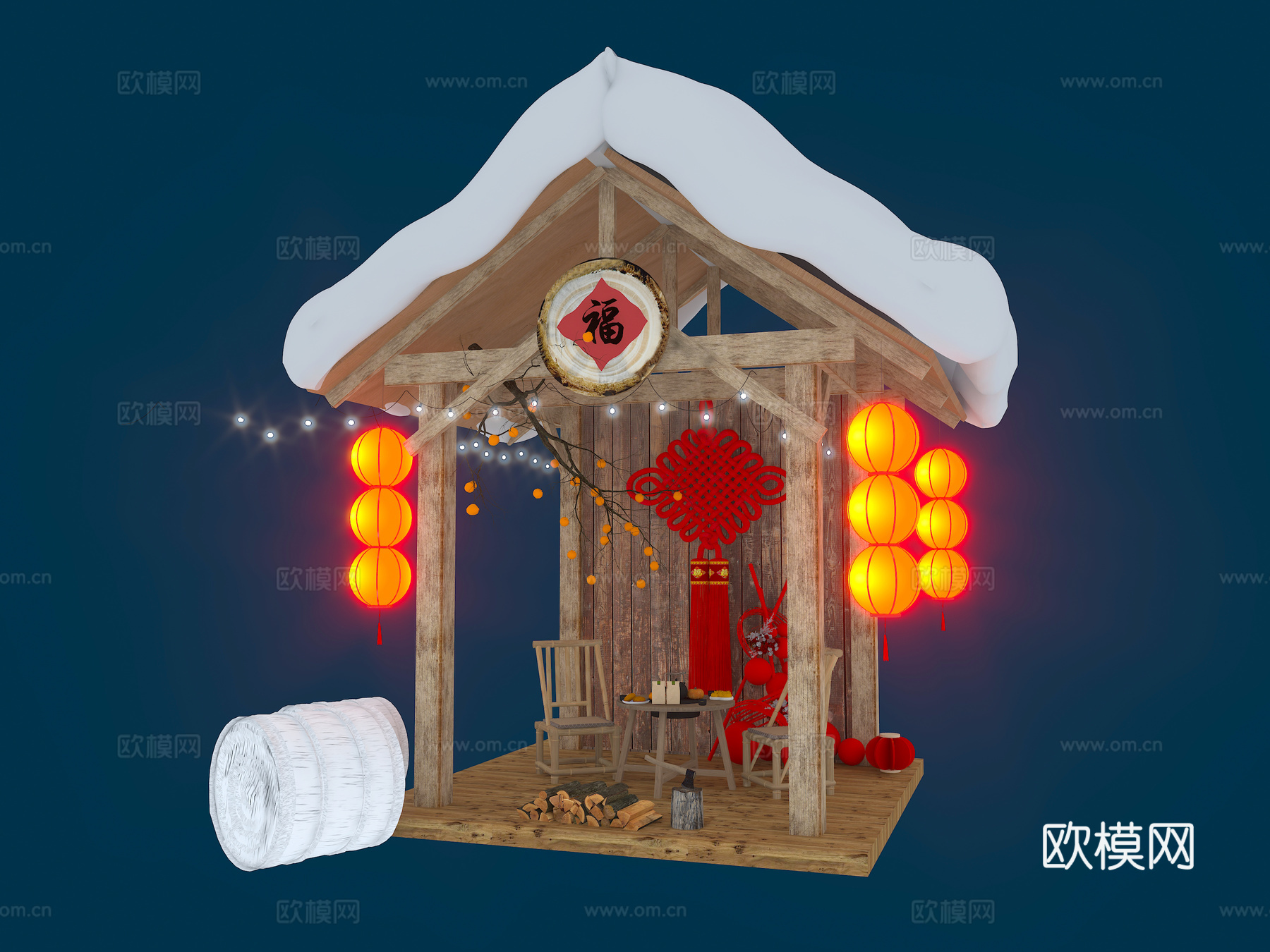 新中式雪屋 木屋 灯笼 中国结3d模型下载