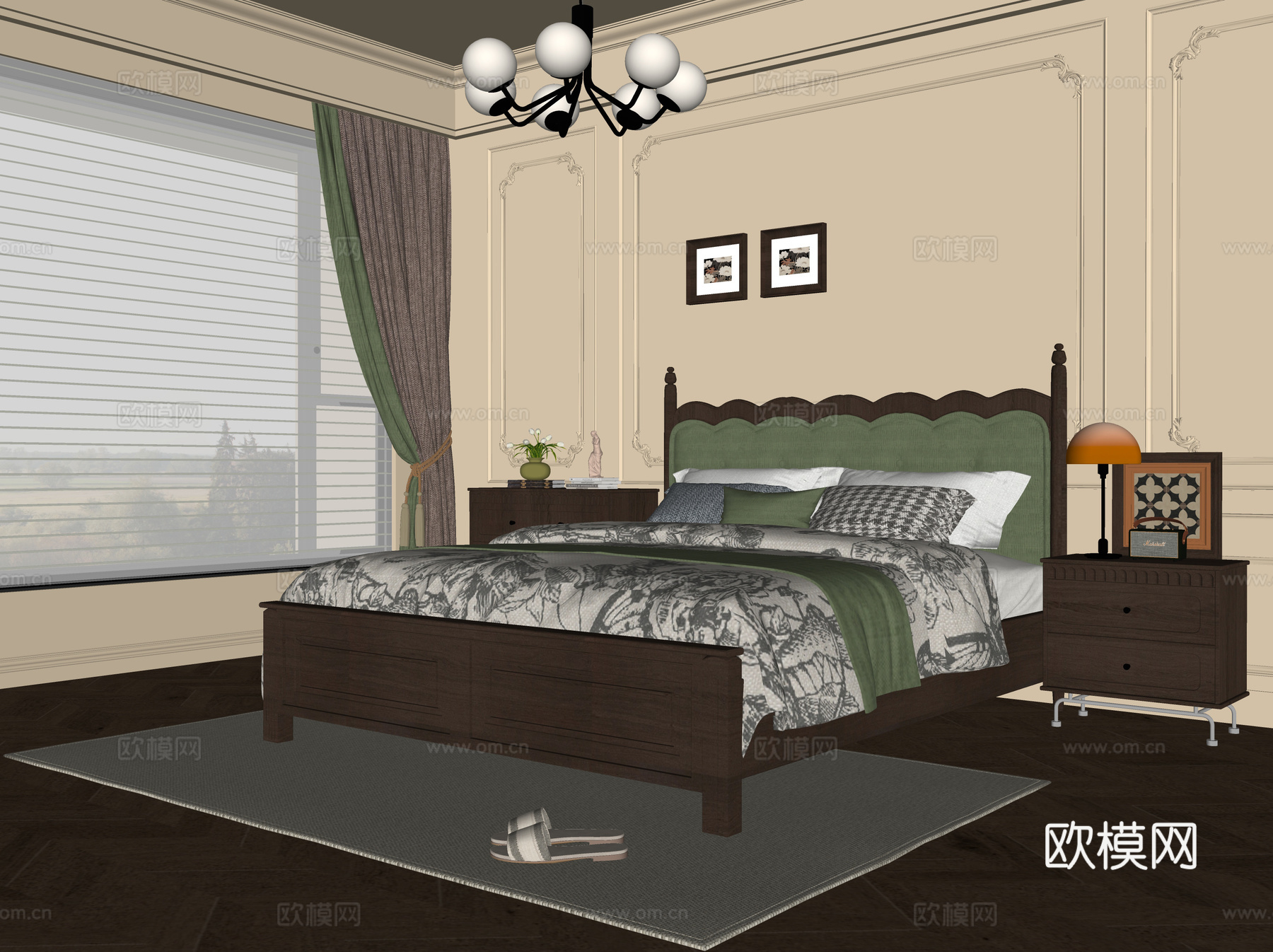 美式卧室 双人床su模型