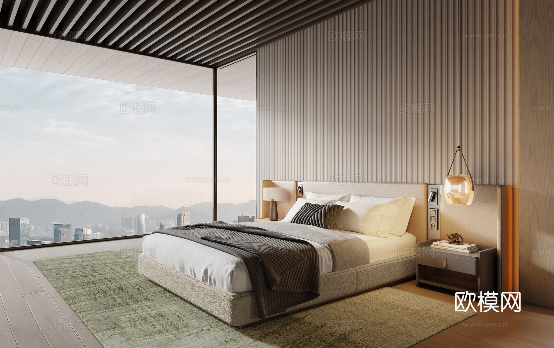 意式卧室米洛提双人床 床尾凳 床靠背su模型