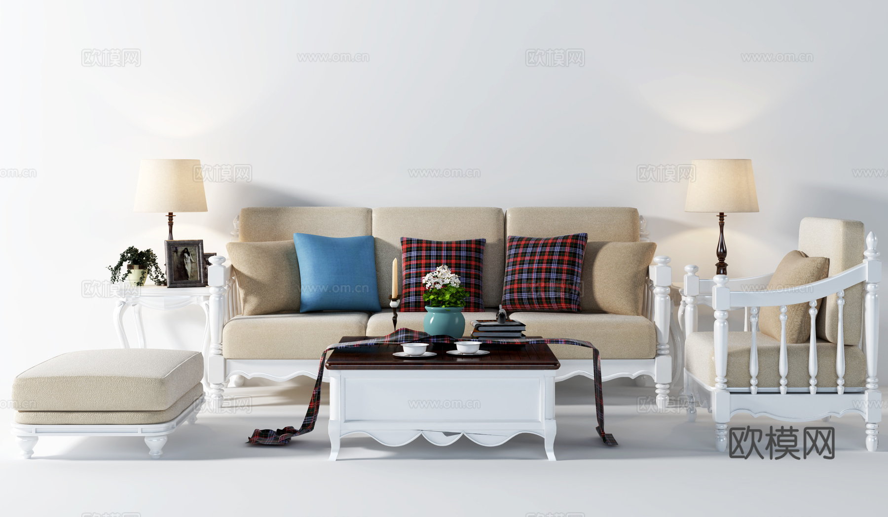 美式多人布艺沙发茶几组合3d模型下载