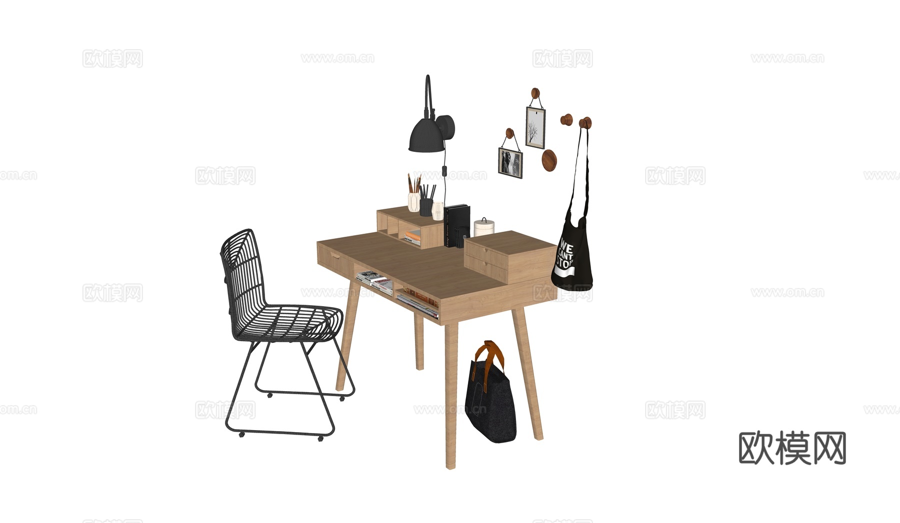 现代书桌椅 工作桌 书柜 摆件 书房su模型