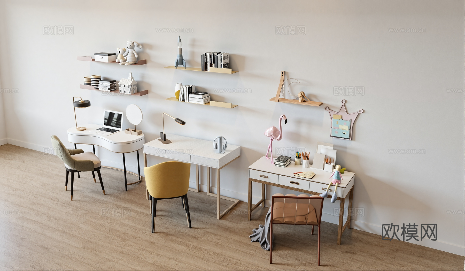 现代书桌椅 工作桌 书柜 摆件 书房su模型