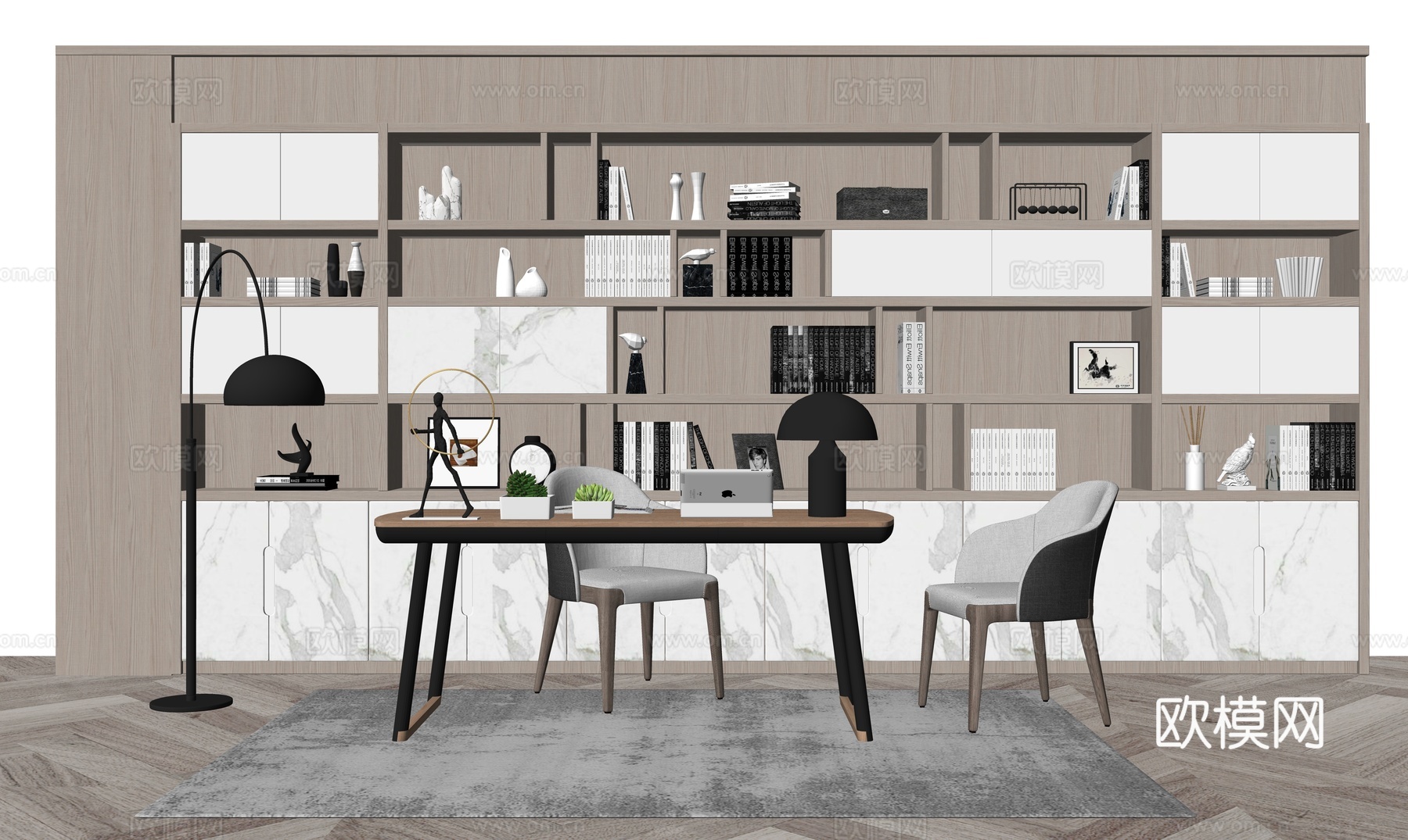 现代书桌 工作桌 书柜 摆件 书房su模型