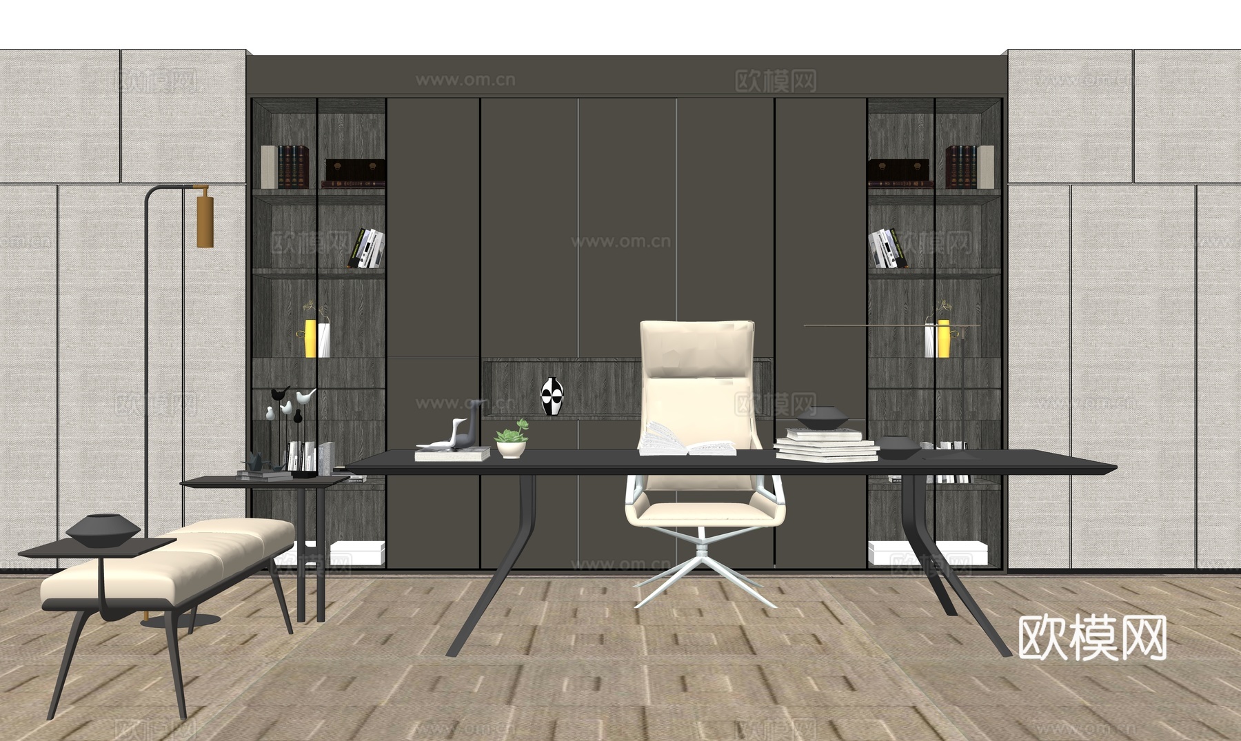 现代书桌椅 工作桌 书柜 摆件 书房su模型