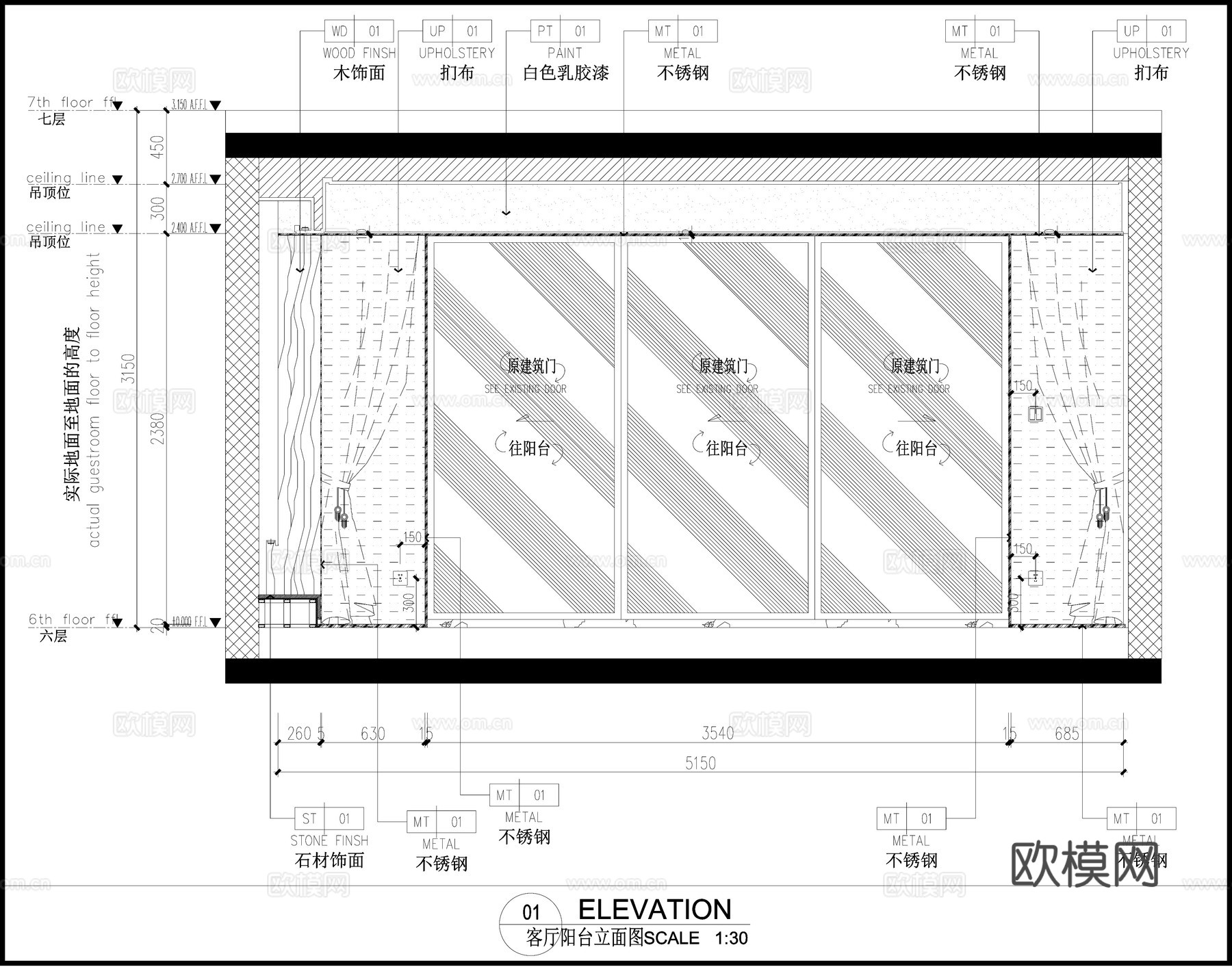 玻璃门立面图 客厅阳台玻璃门 墙面布局图 节点图cad施工图