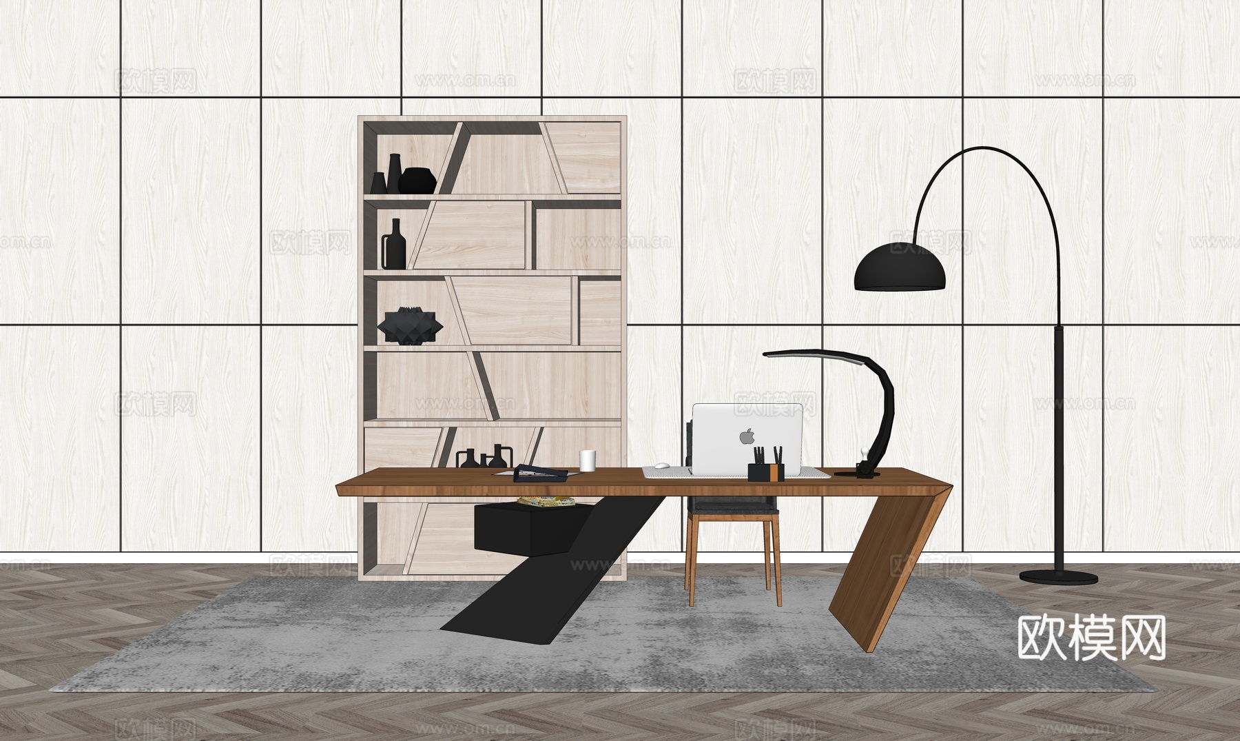 现代书桌 工作桌 书柜 摆件 书房su模型