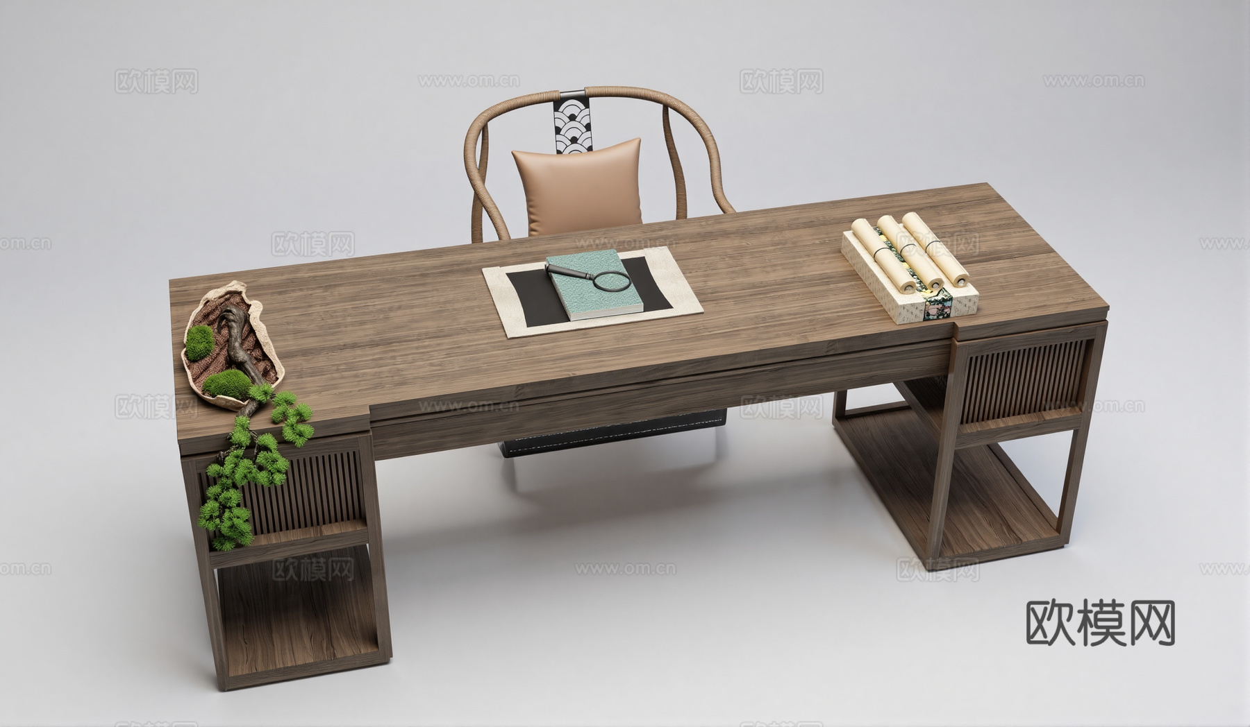 新中式书桌椅su模型