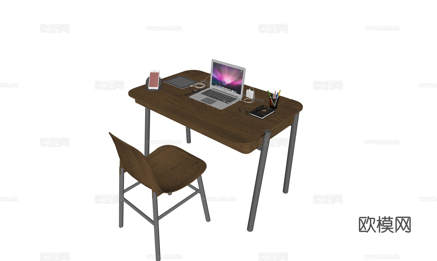 现代书桌椅 工作桌 书柜 摆件 书房su模型