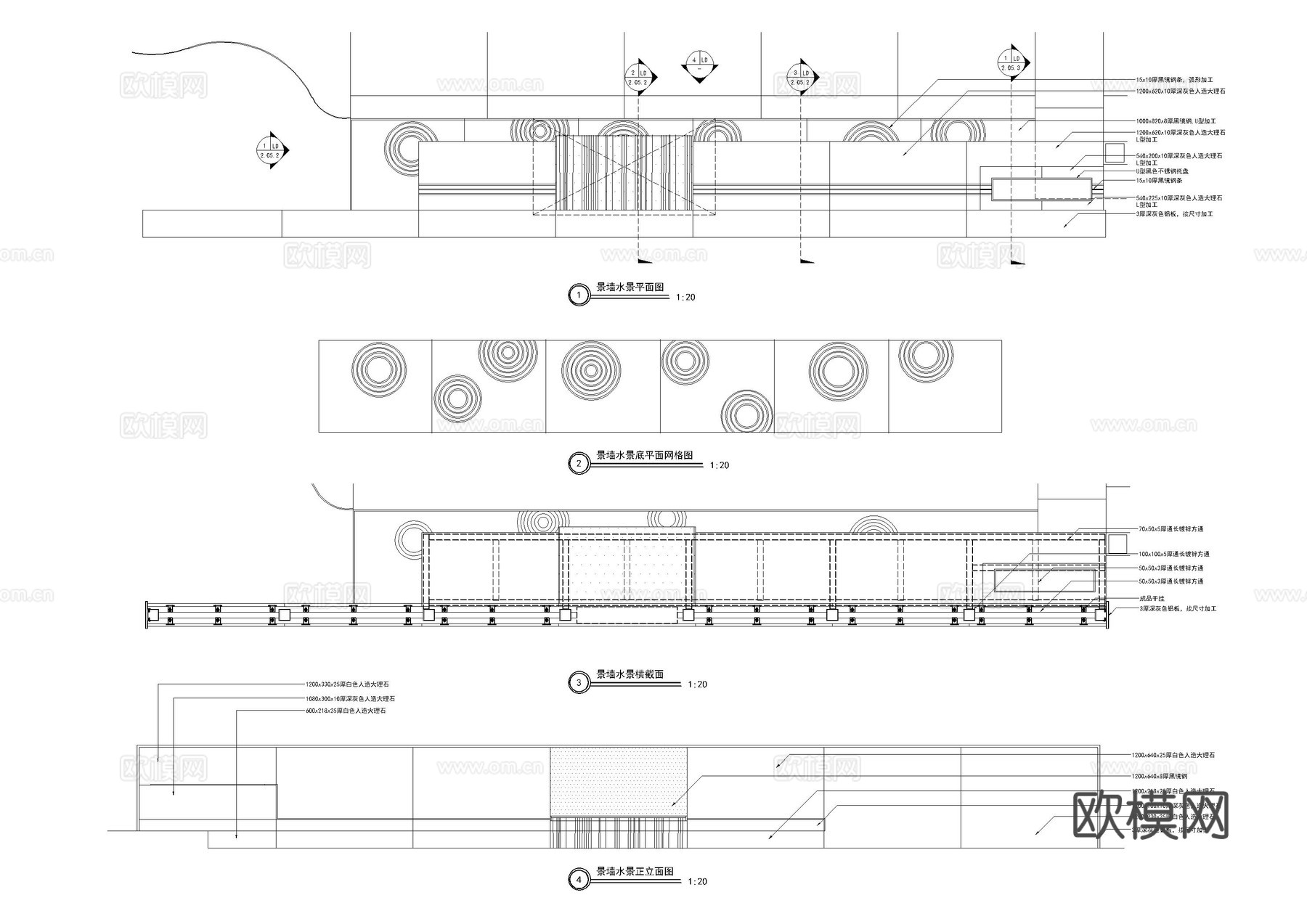 黑镜钢镜面景墙水景详图cad施工图