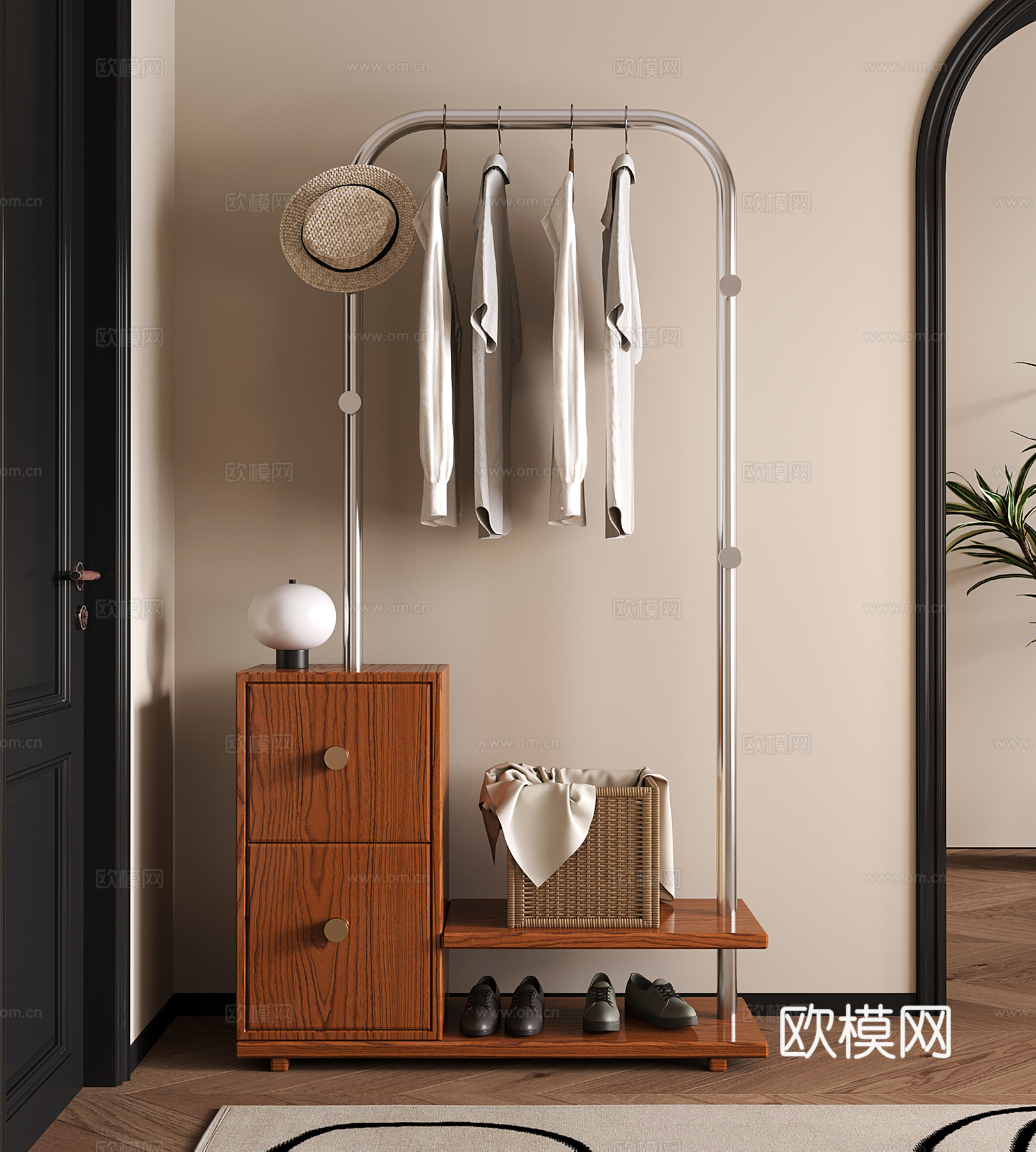 现代中古衣架 挂衣架 衣帽架 落地衣架su模型