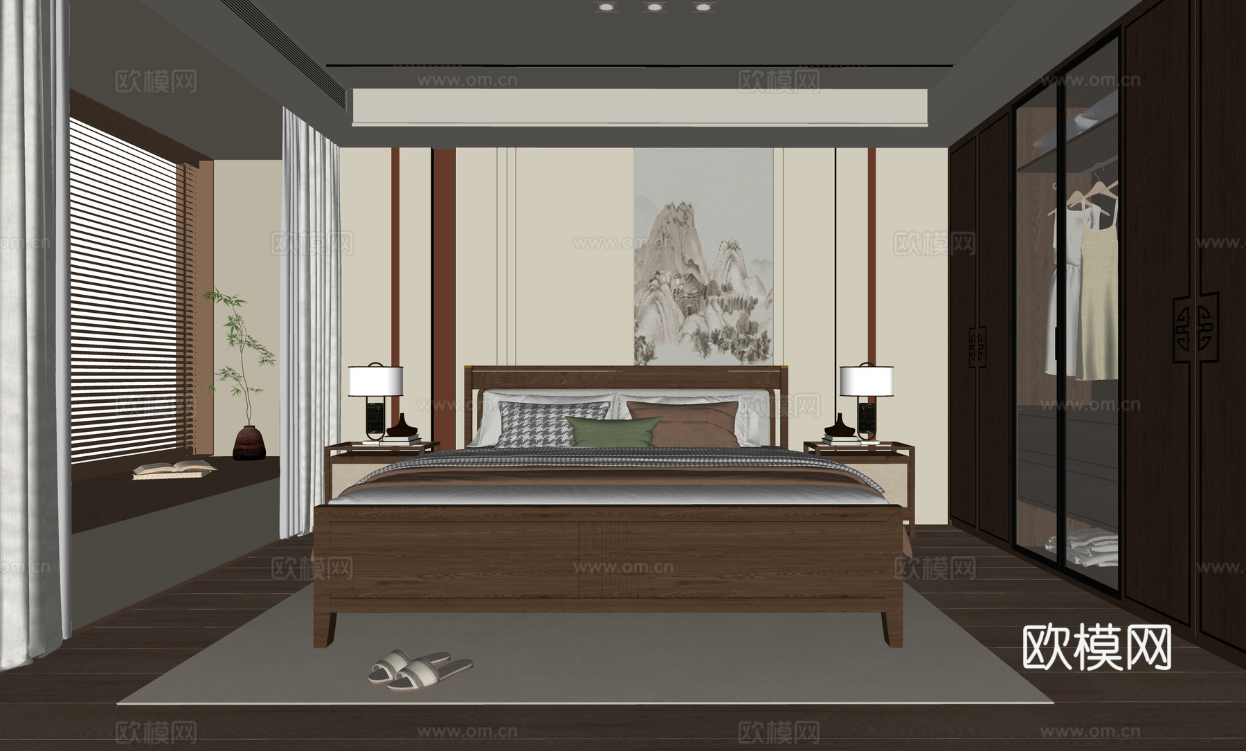 新中式卧室 双人床su模型