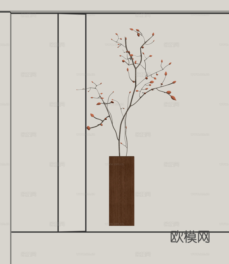 新中式墙饰 花艺 干枝 中古墙饰su模型
