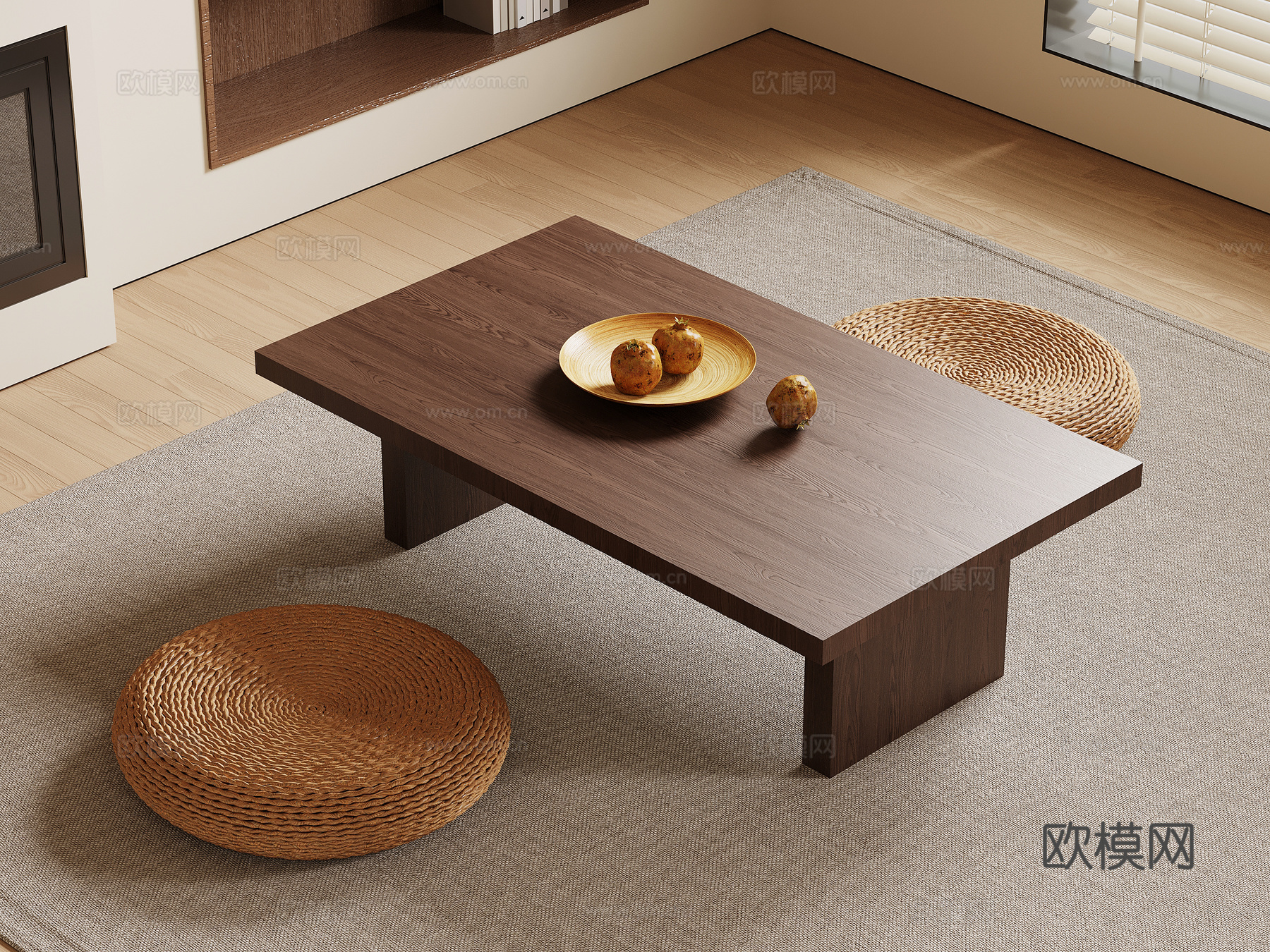 新中式榻榻米茶桌 蒲团坐垫su模型