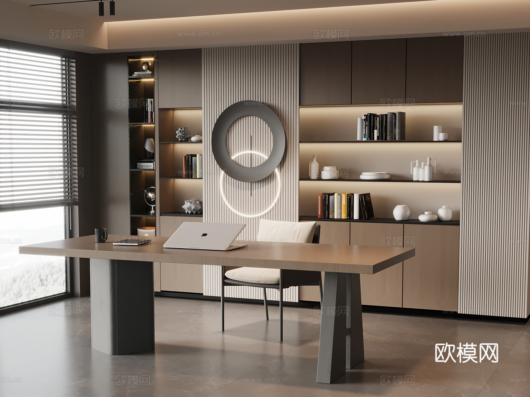 现代意式书房 书桌椅 书柜su模型
