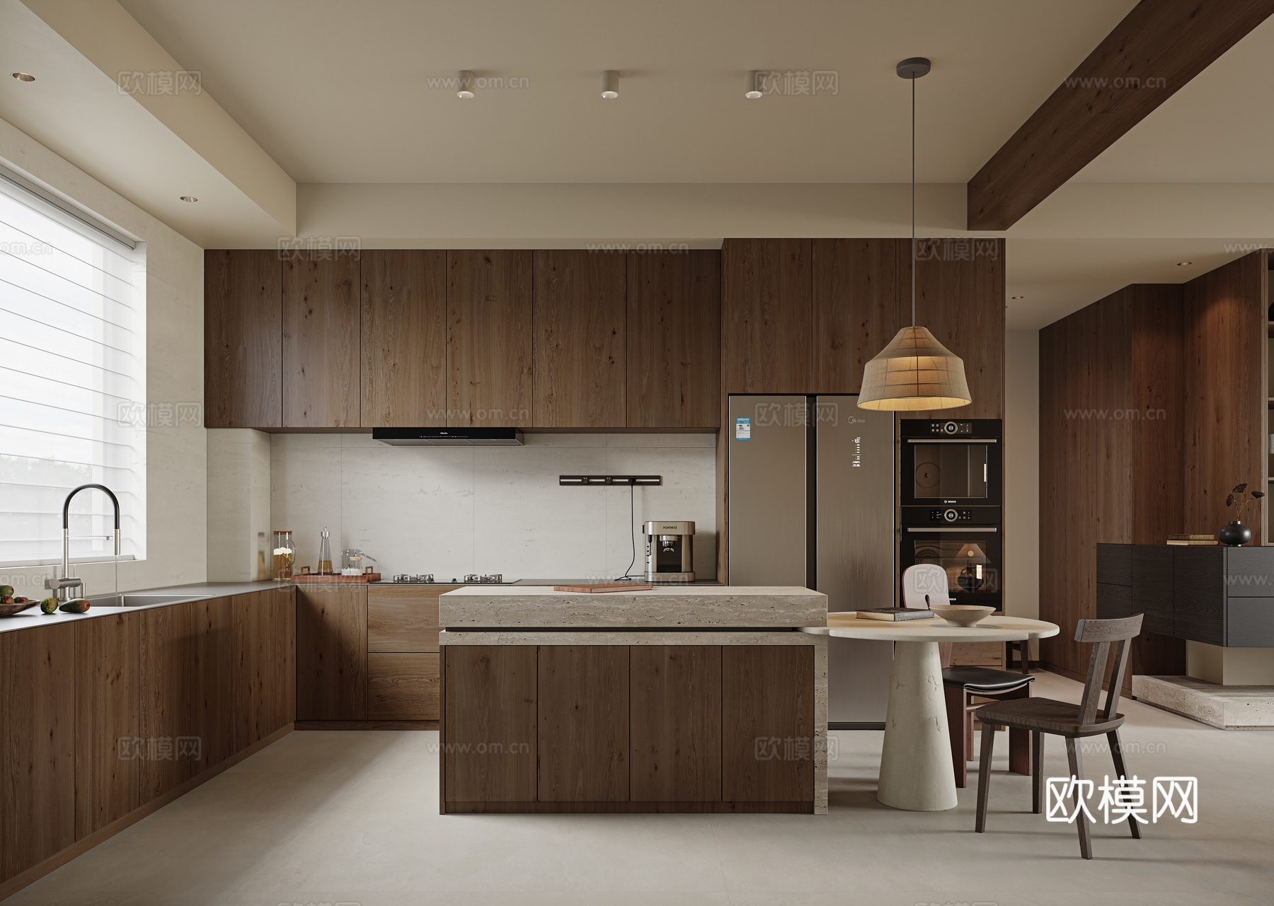 侘寂风厨房 L型橱柜 油烟机 蒸烤箱 厨房用品 冰箱 中岛台su模型