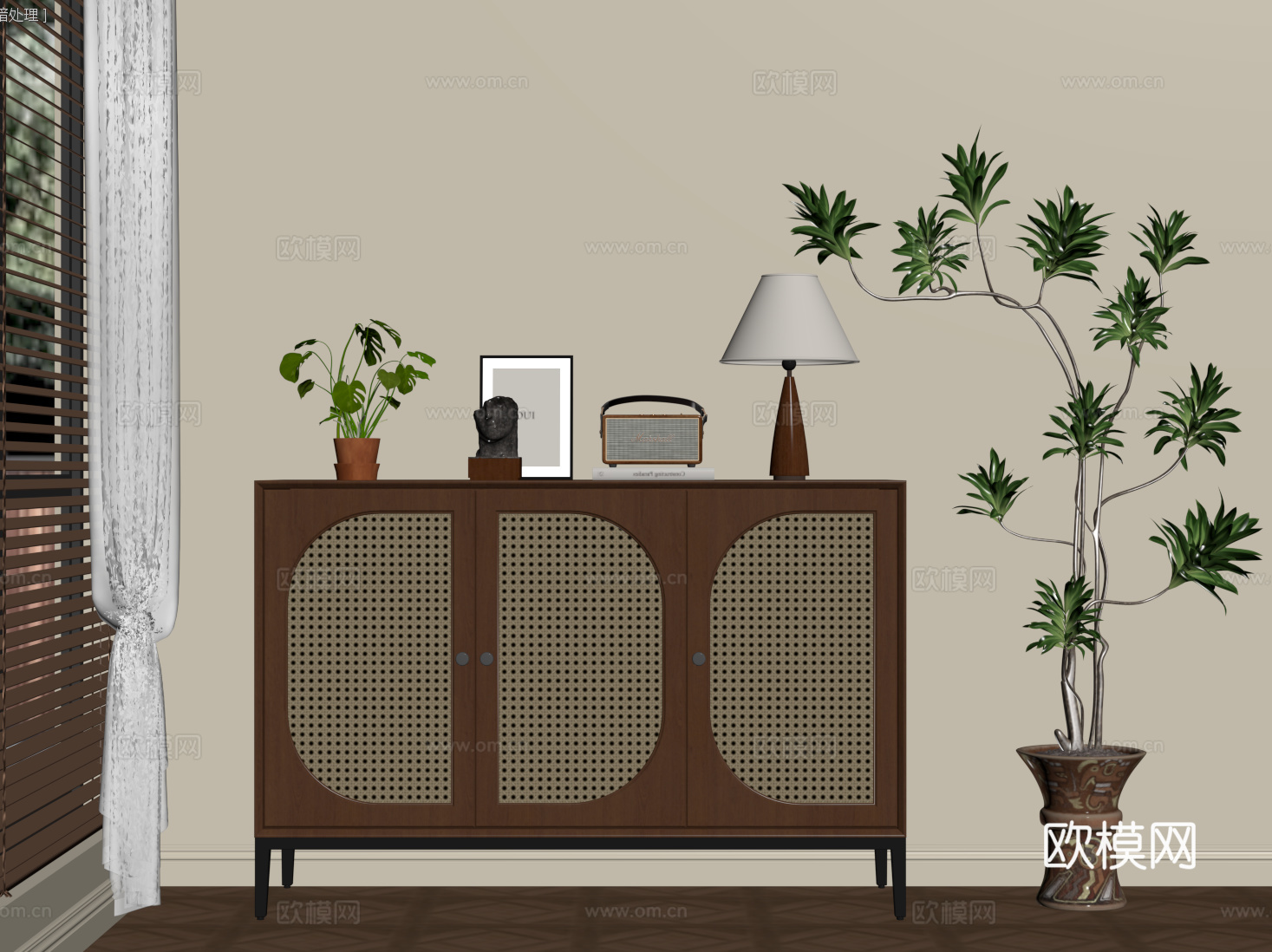 侘寂中古风餐边柜 玄关柜 藤编柜门边柜su模型