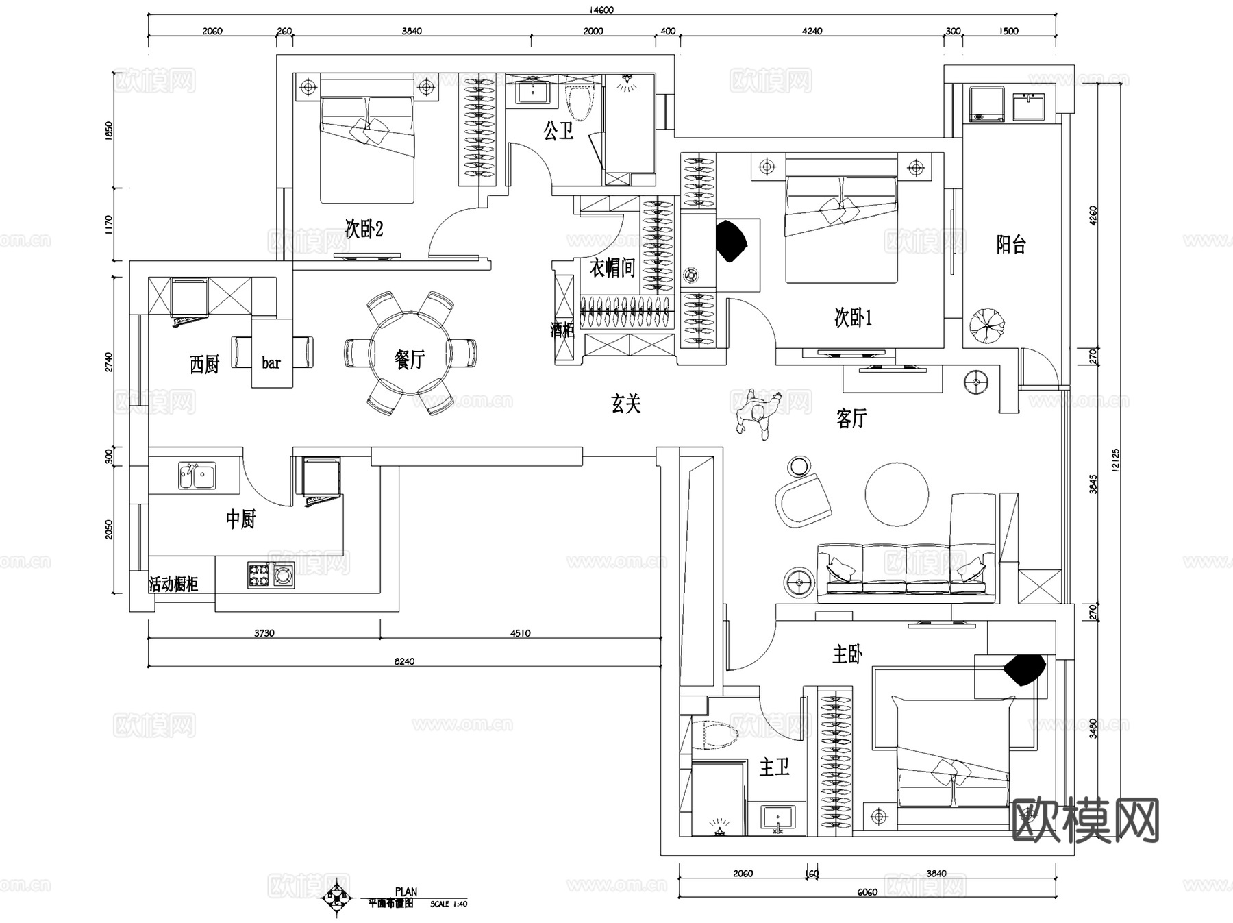 万邦国际138㎡平层样板间室内家装CAD施工图整套cad施工图