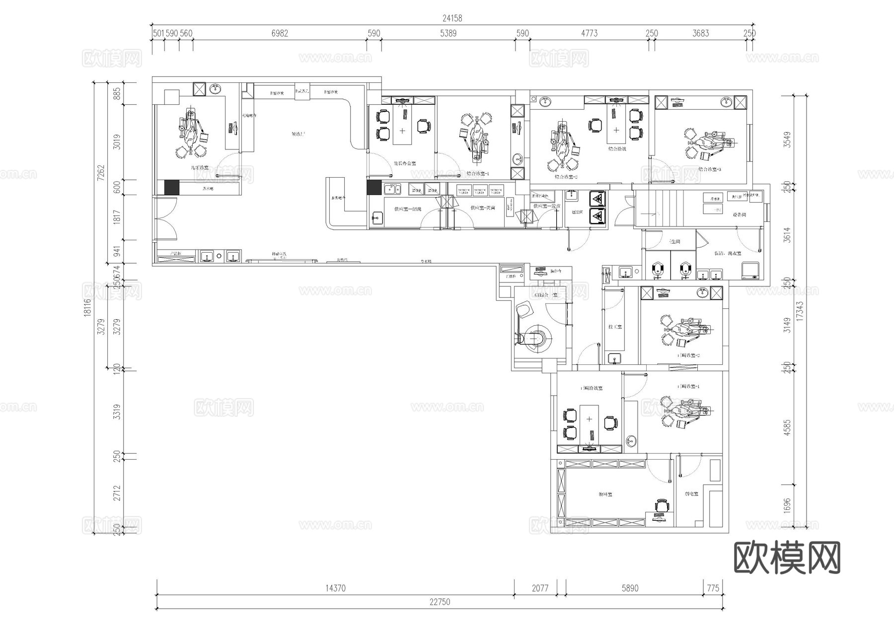 牙科综合诊室平面施工图cad施工图