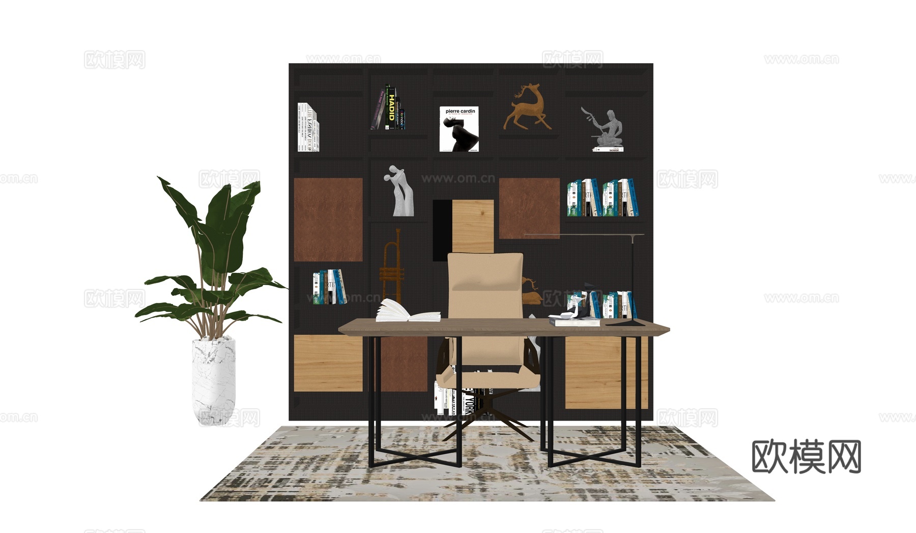 现代书桌 工作桌 书柜 摆件 书房su模型