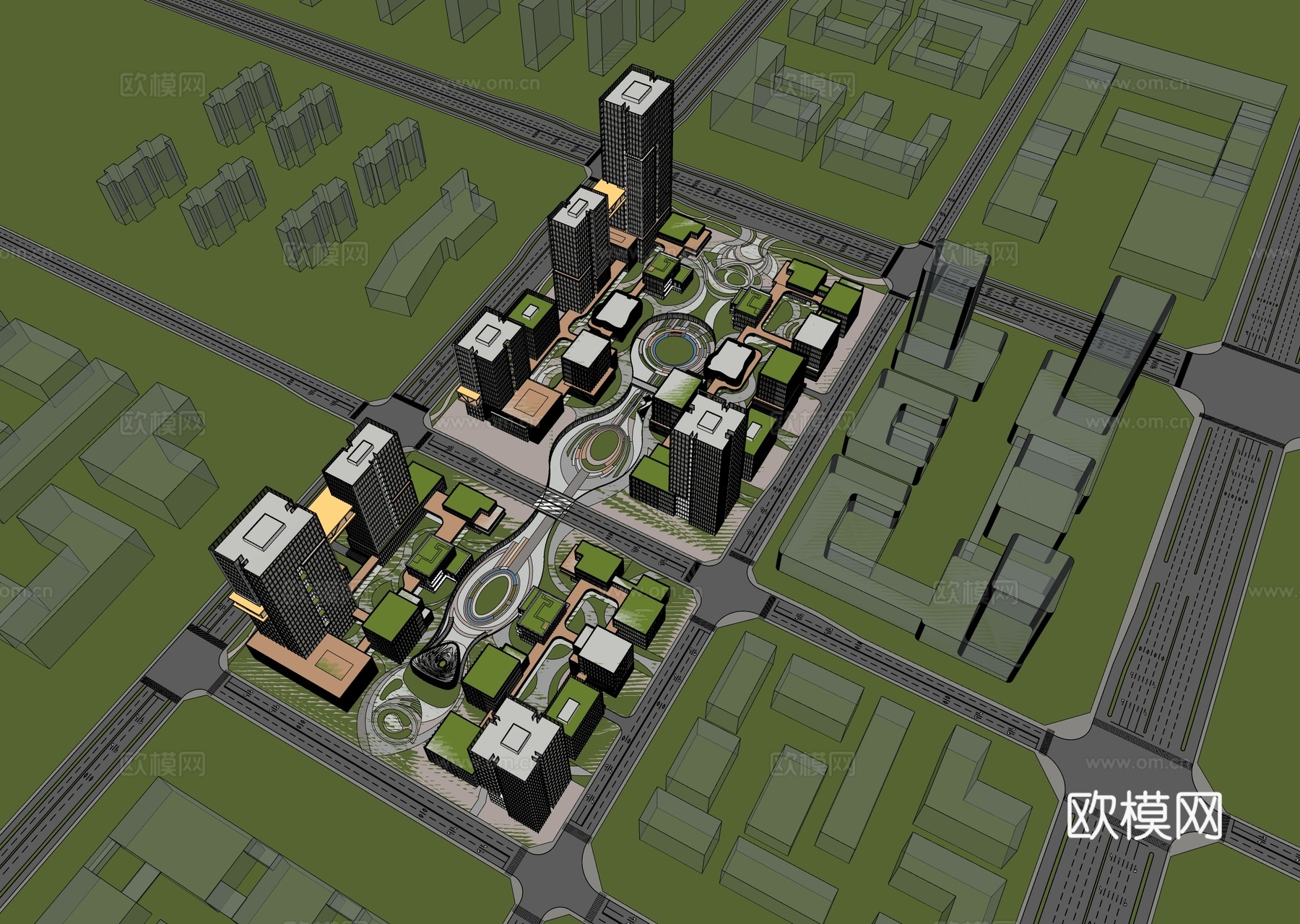 现代产业园建筑  空中绿化 制造产业园建筑 鸟瞰图su模型