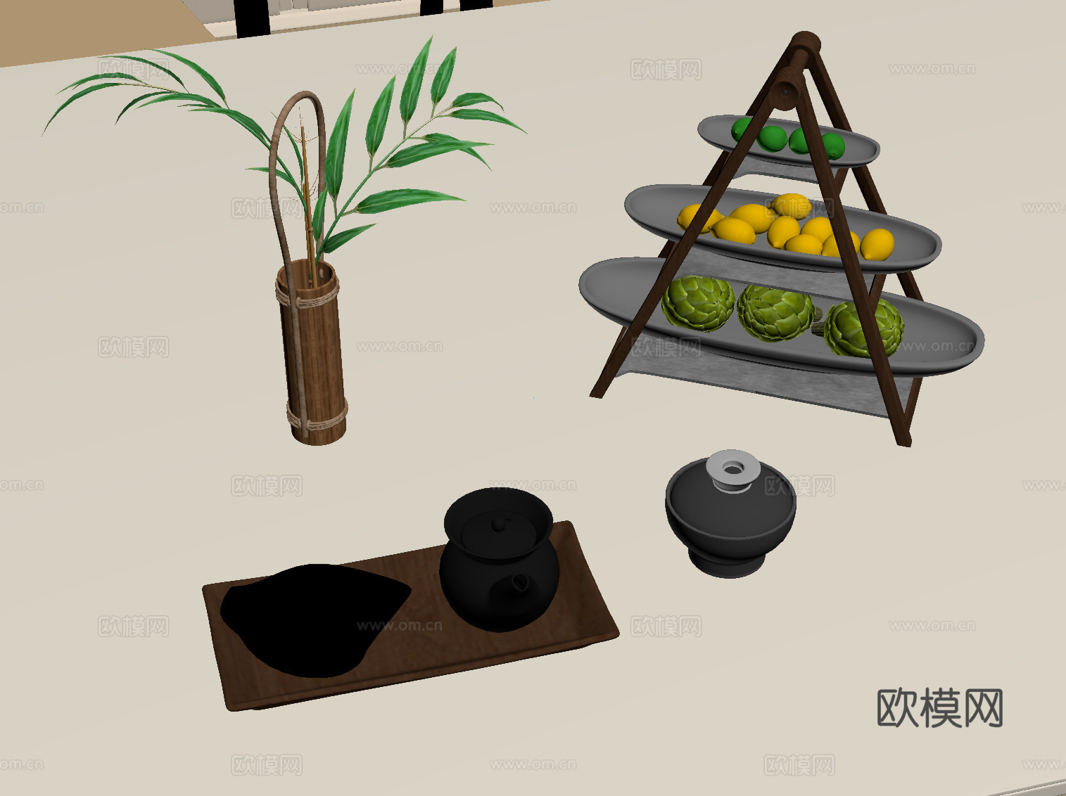 中古风摆件组合 果盘 花瓶su模型